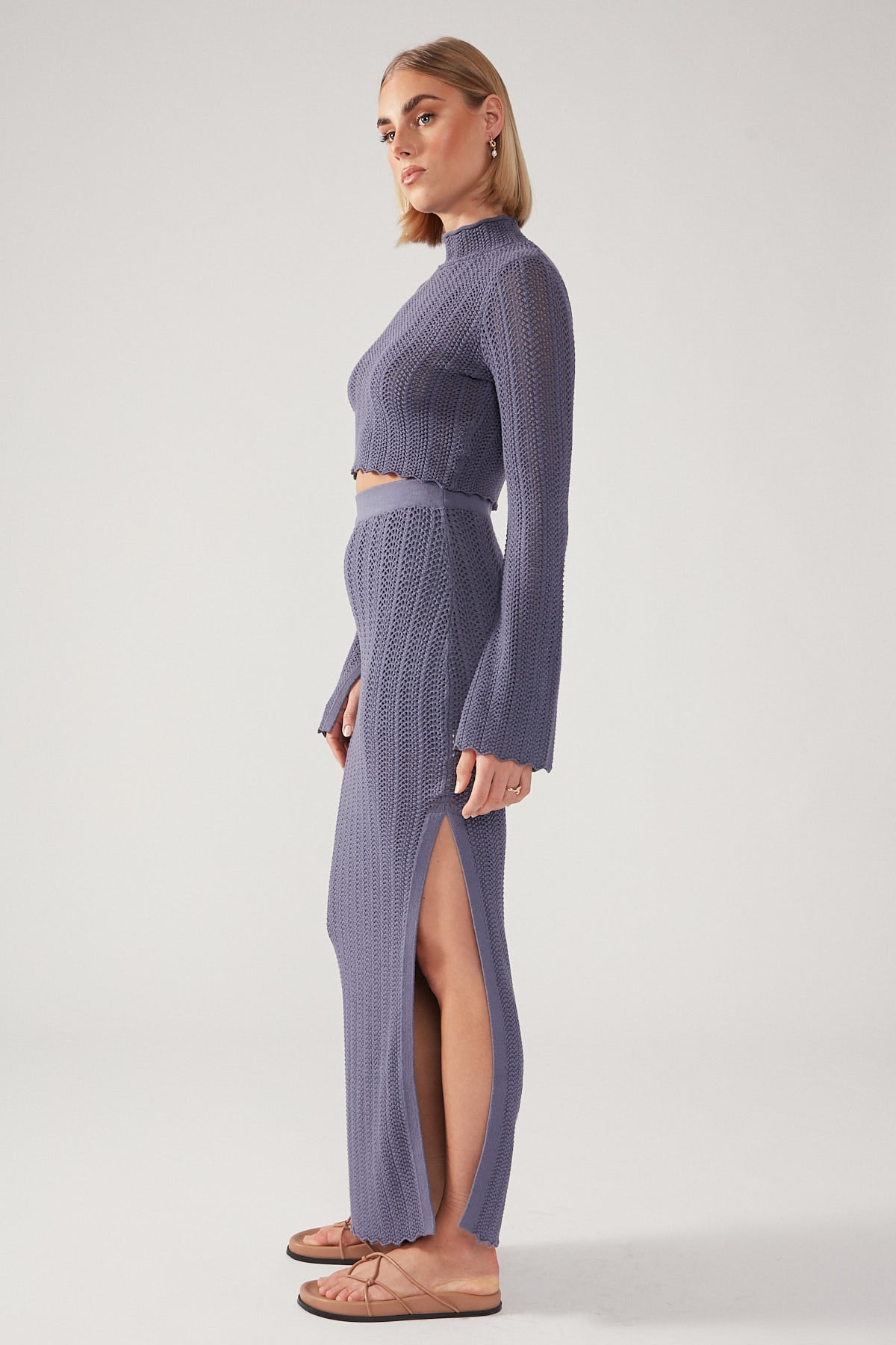 Perfect Stranger Crochet Split Maxi Skirt Steel Blue