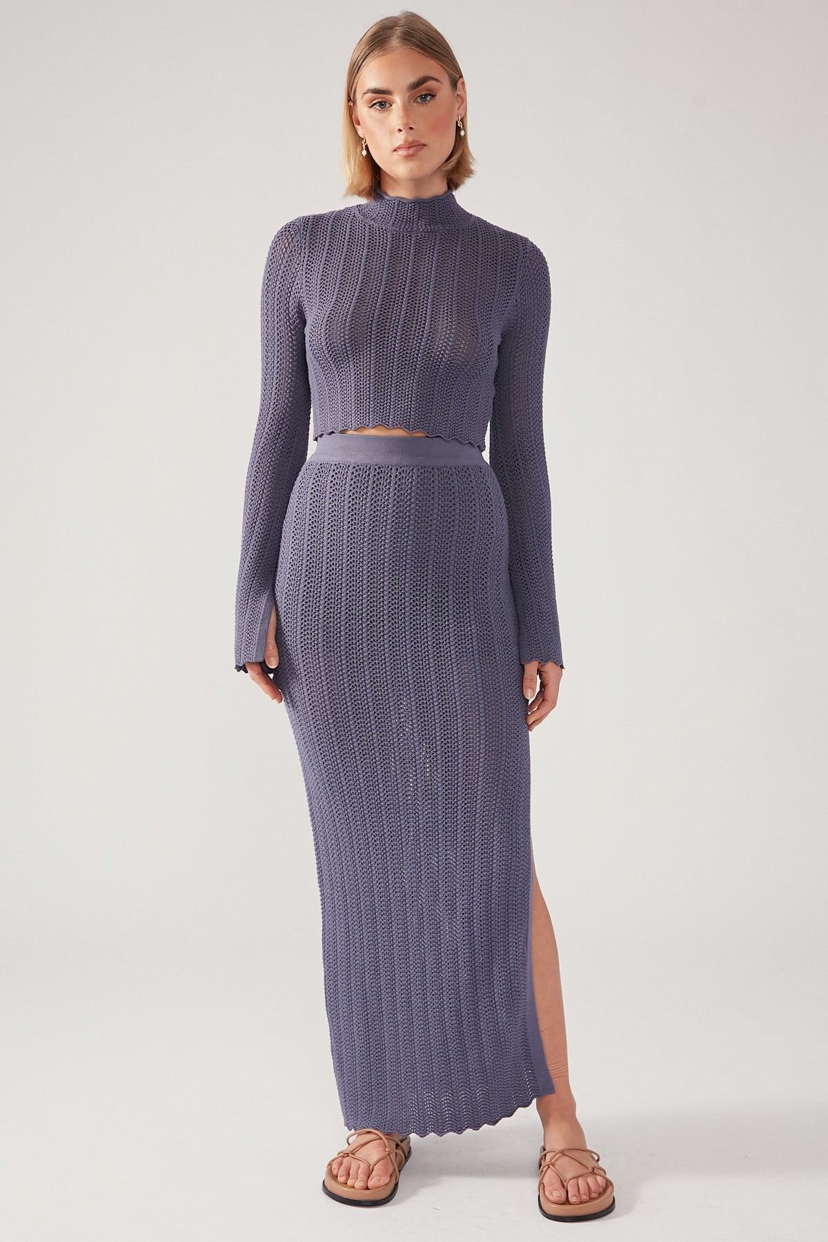 Perfect Stranger Crochet Split Maxi Skirt Steel Blue
