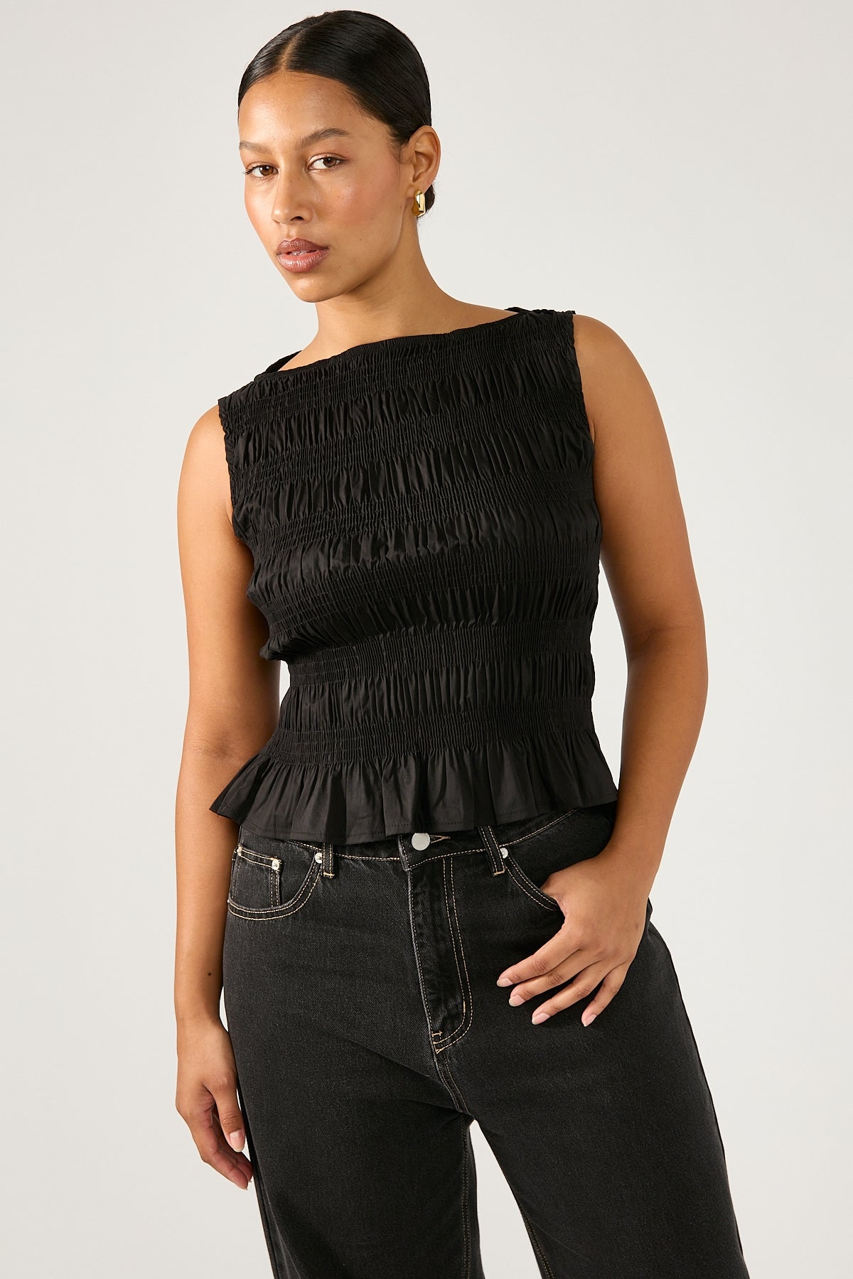 Perfect Stranger Shirred High Neck Top Black
