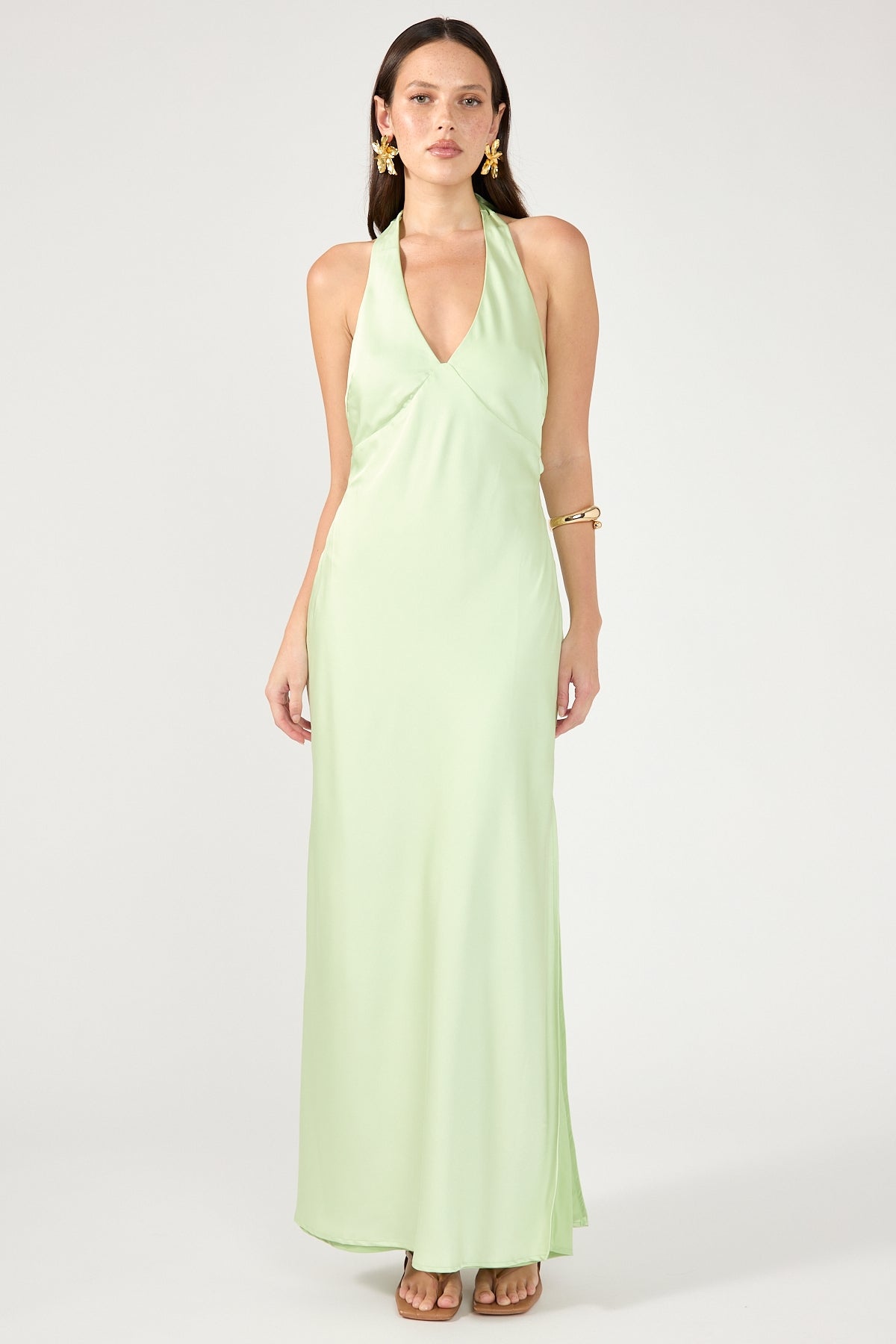 Perfect Stranger Nora Halter Satin Maxi Dress Light Green