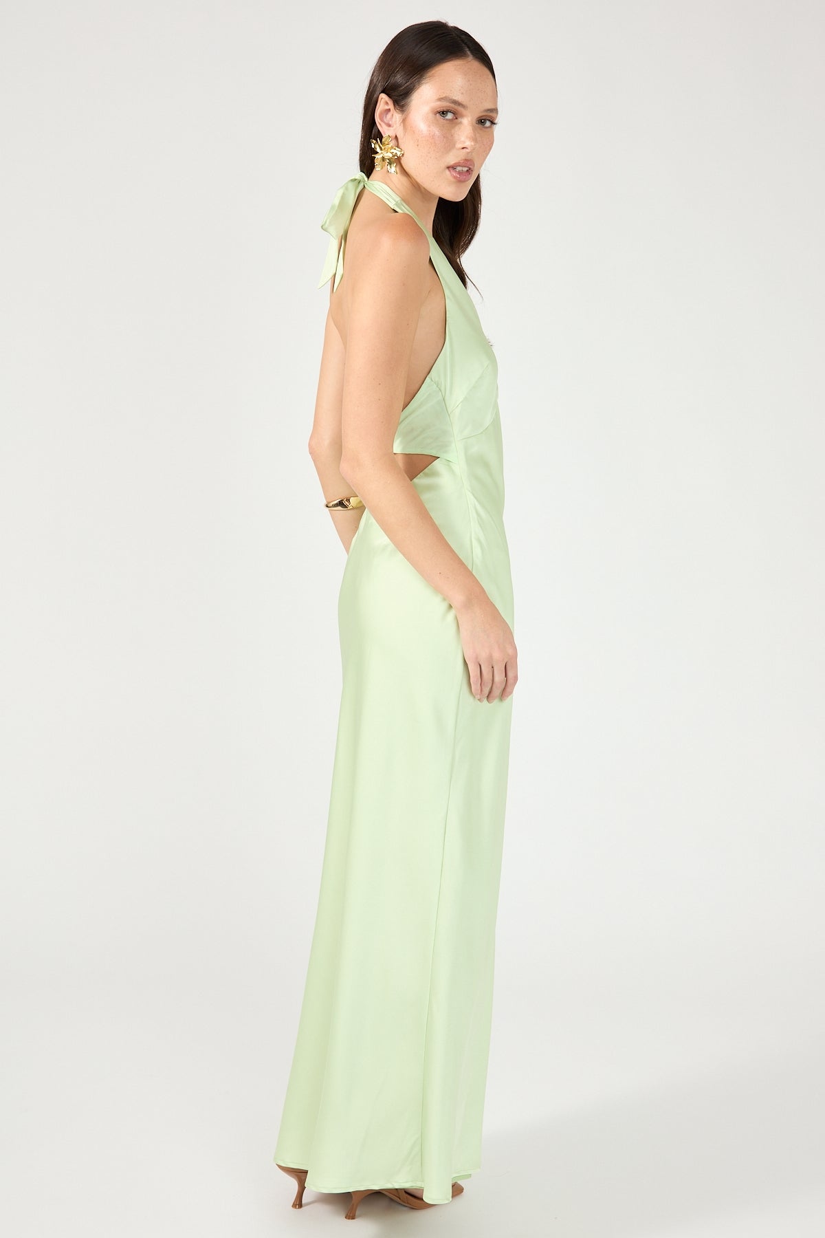 Perfect Stranger Nora Halter Satin Maxi Dress Light Green