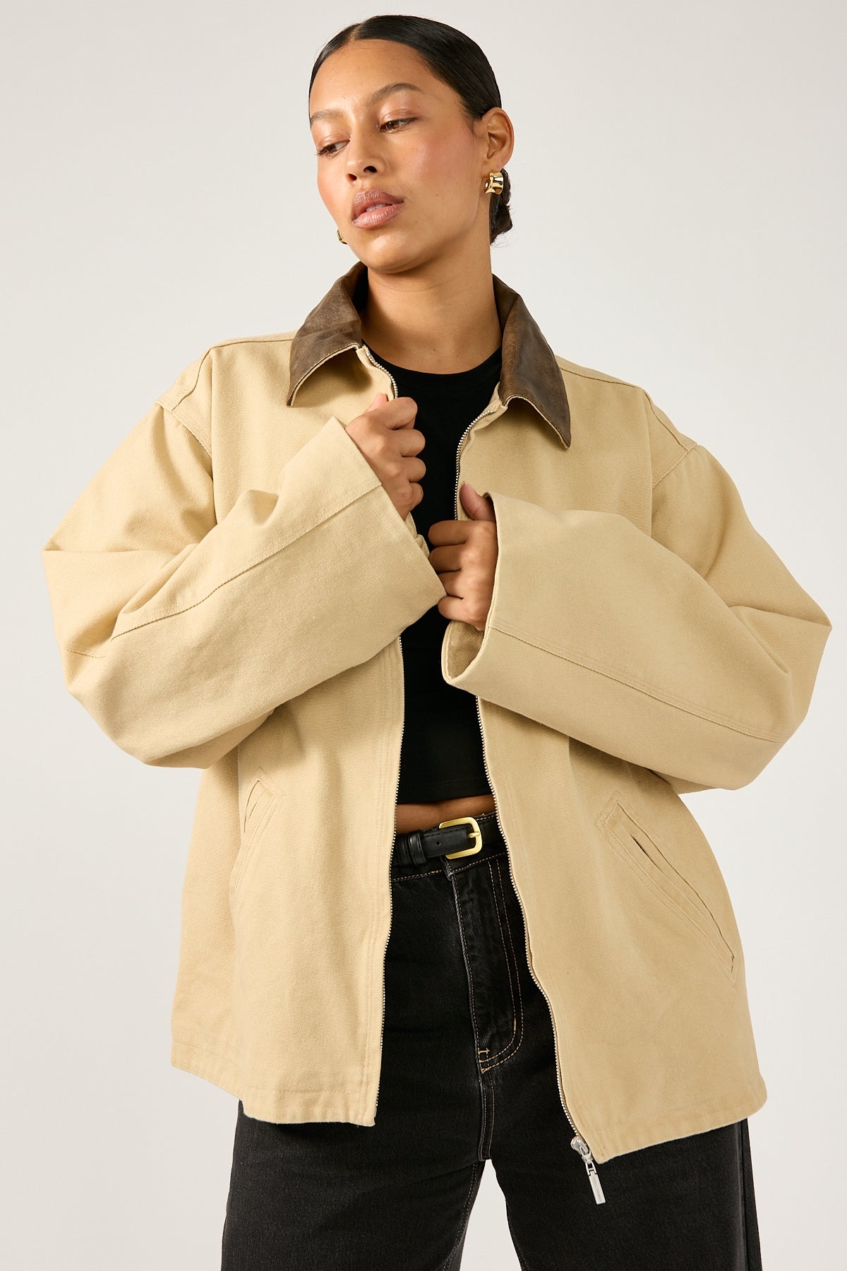 Perfect Stranger Barn Contrast Collar Jacket Stone
