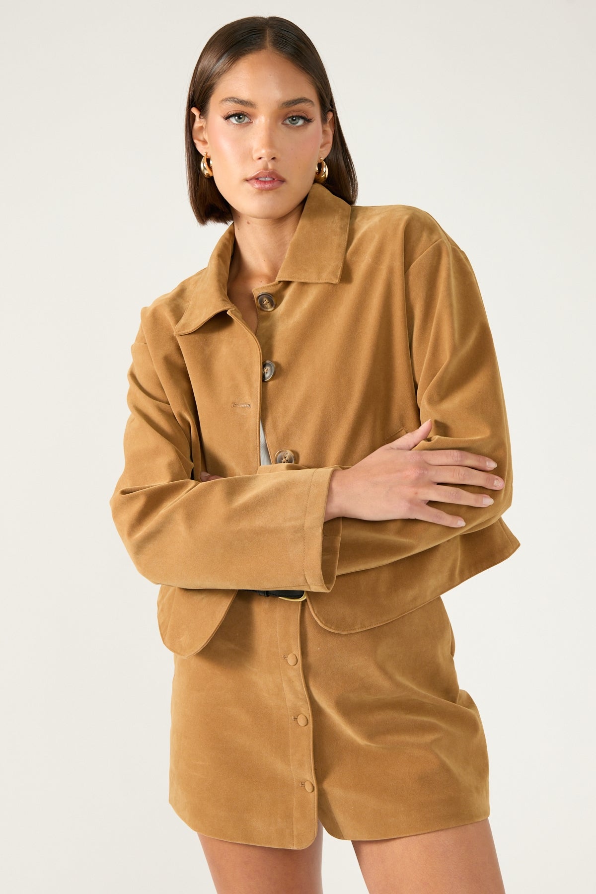 Perfect Stranger Amelie PU Suede Crop Jacket Tan
