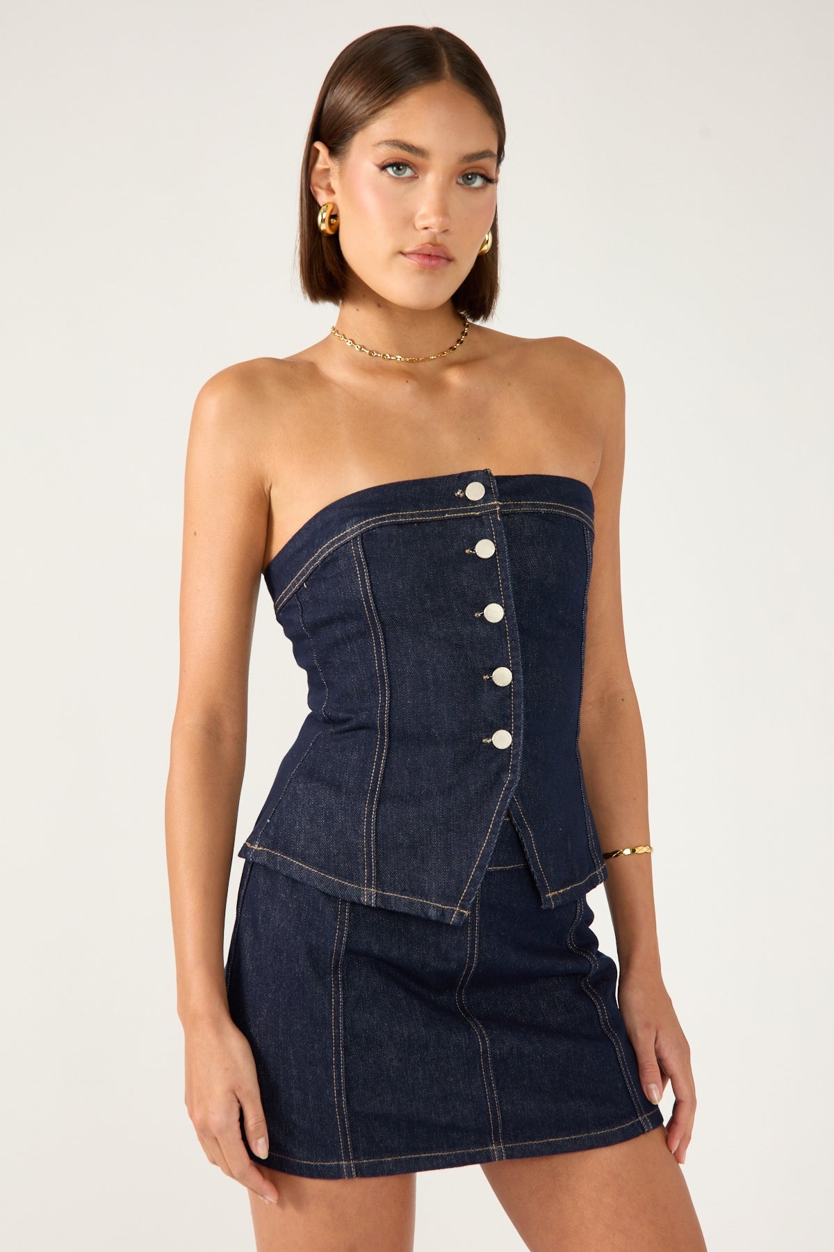 Perfect Stranger Mila Denim Button Up Top Dark Blue Denim