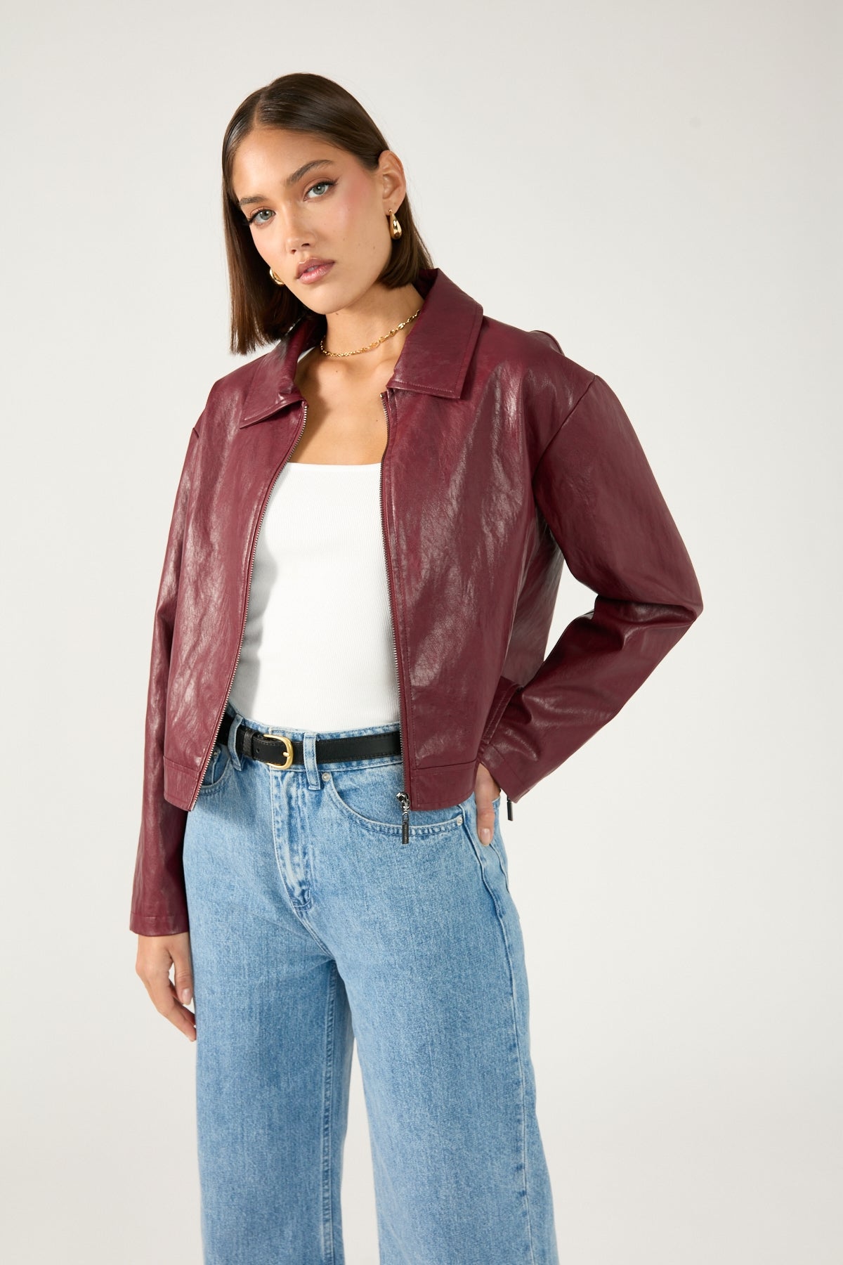 Perfect Stranger Kandice PU Zip Up Jacket Burgundy