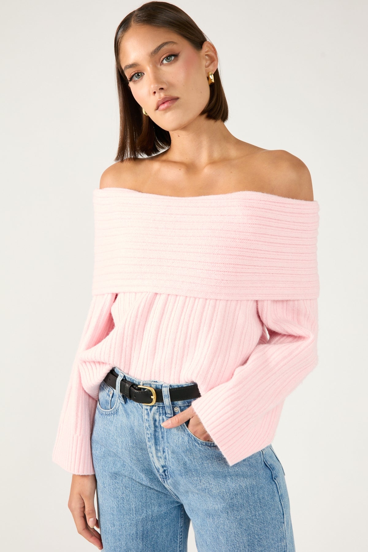 Perfect Stranger Alegra Off Shoulder Knit Jumper Pink