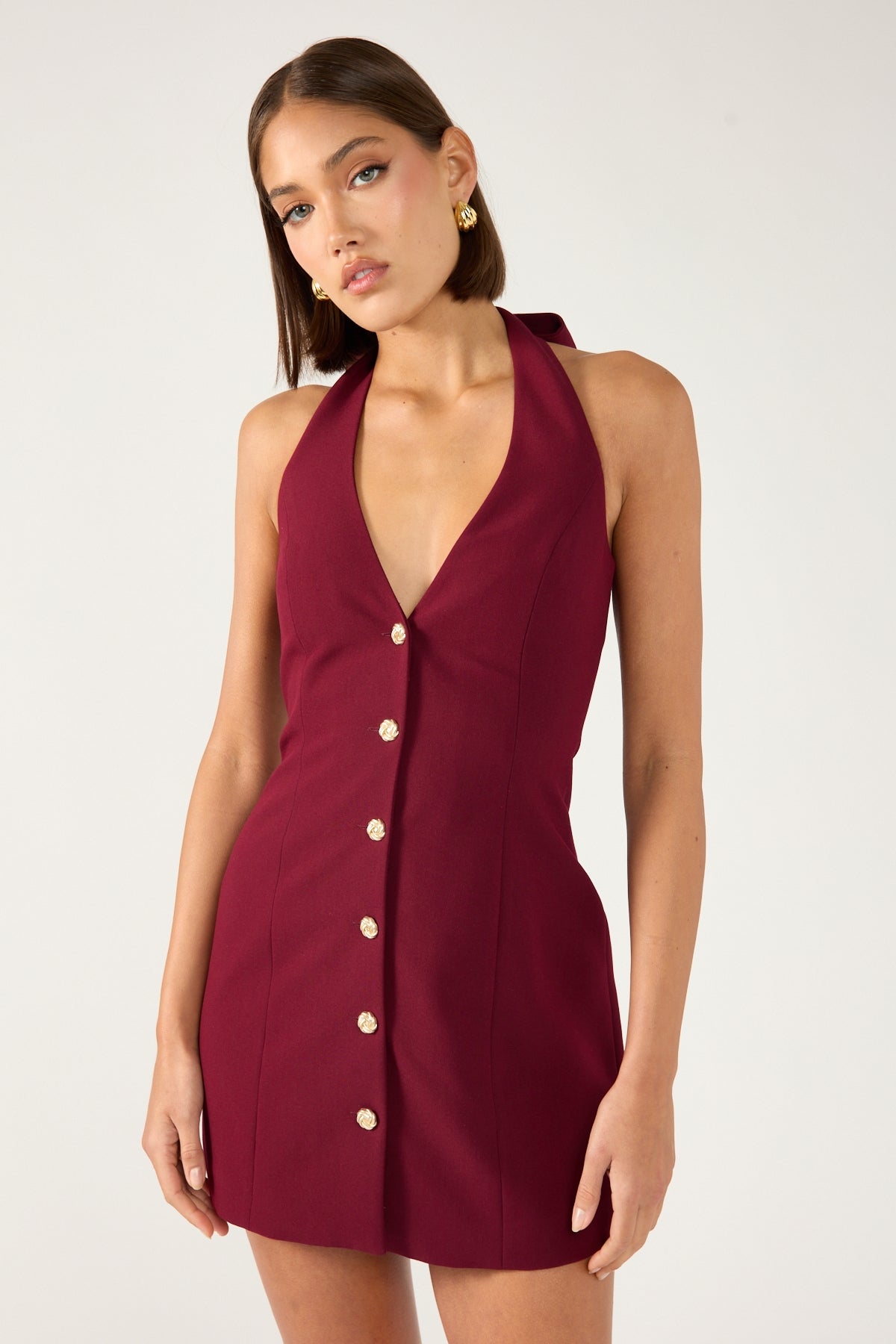 Perfect Stranger Halter Suiting Vest Mini Dress Burgundy