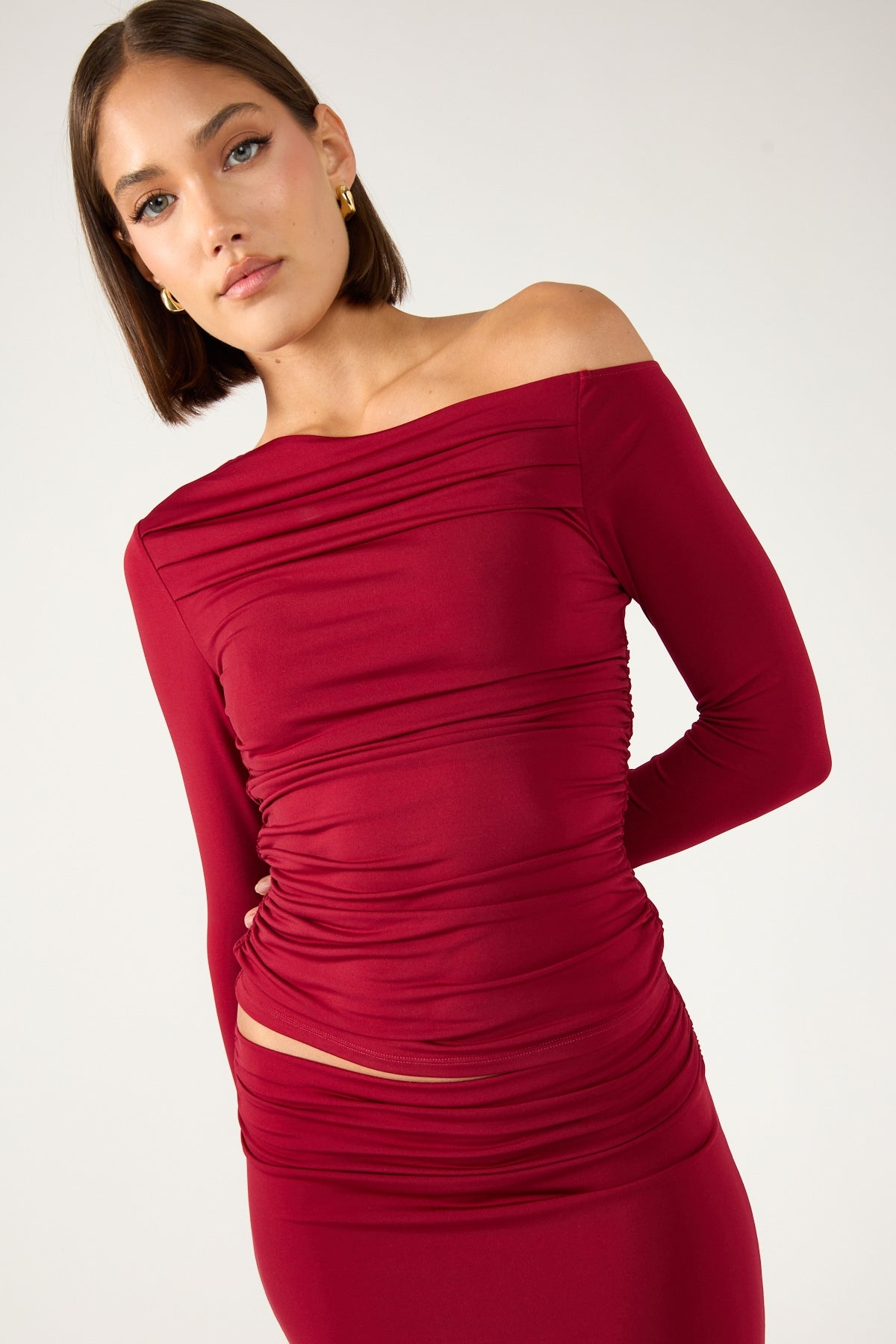 Perfect Stranger Rosh Gathered Long Sleeve Top Burgundy