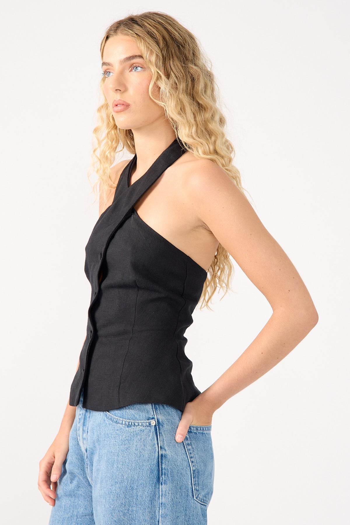 Perfect Stranger Menorca High Neck Button Up Halter Top Black