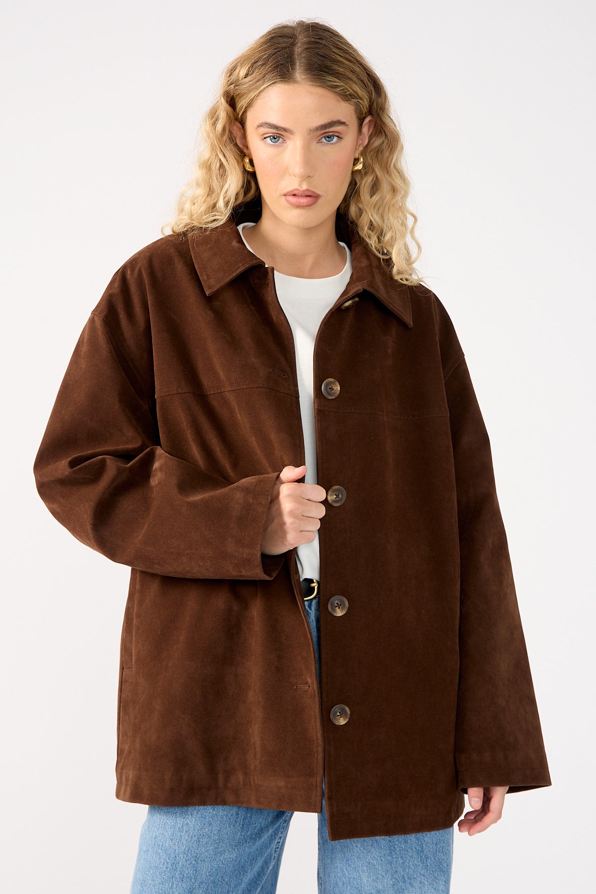 Perfect Stranger Raven PU Suede Long Line Jacket Brown