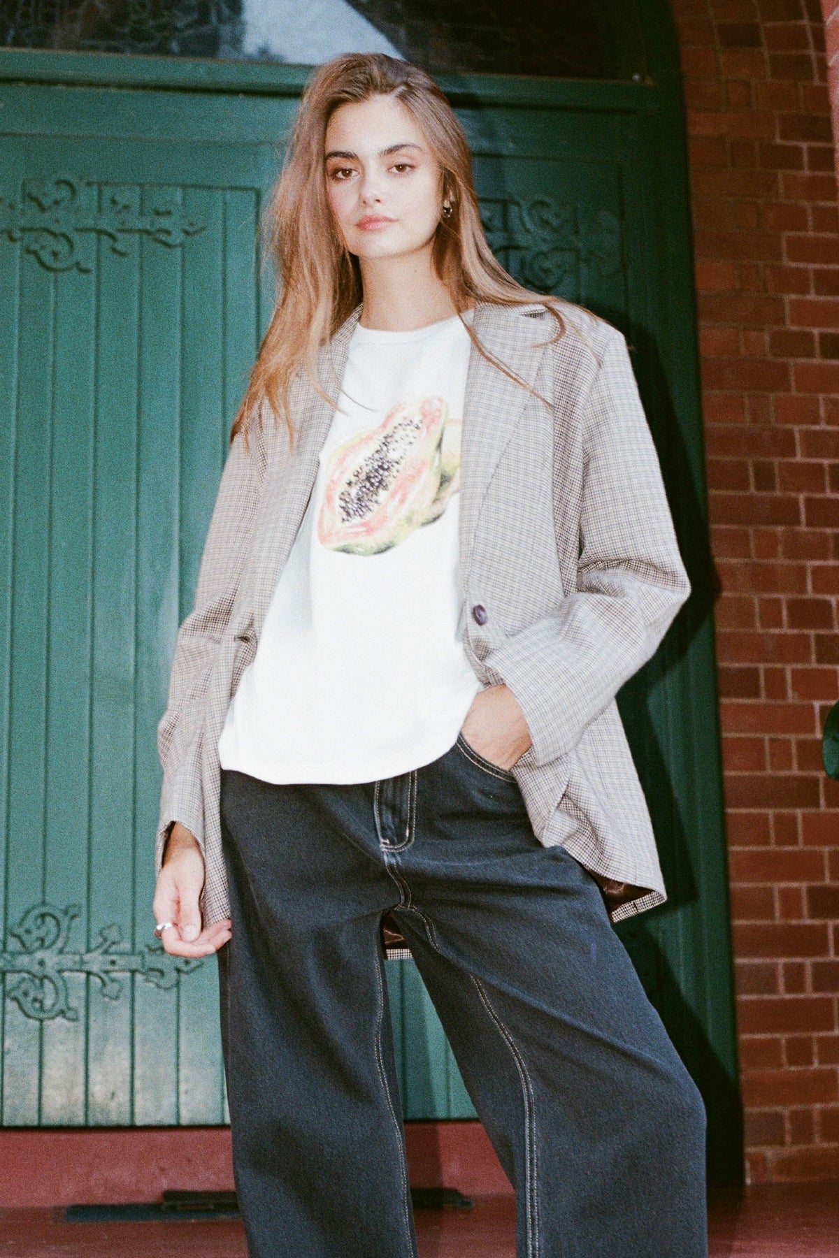 Perfect Stranger Mirella Long Line Blazer Brown Check