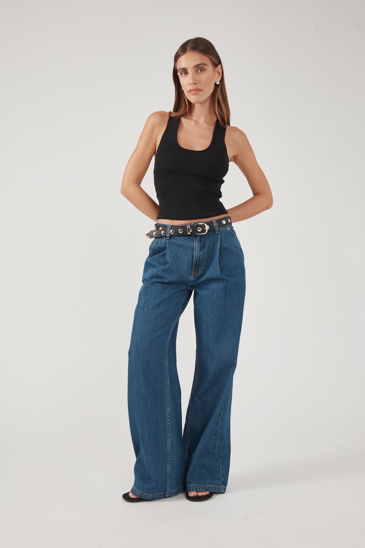 Perfect Stranger High Rise Pleated Jean Deep Blue Denim