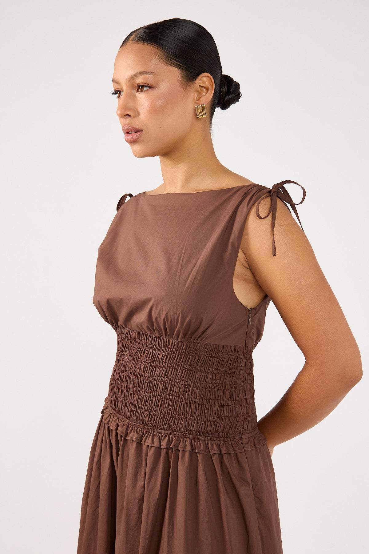 Perfect Stranger Bello Shirred Boat Neck Maxi Dress Brown