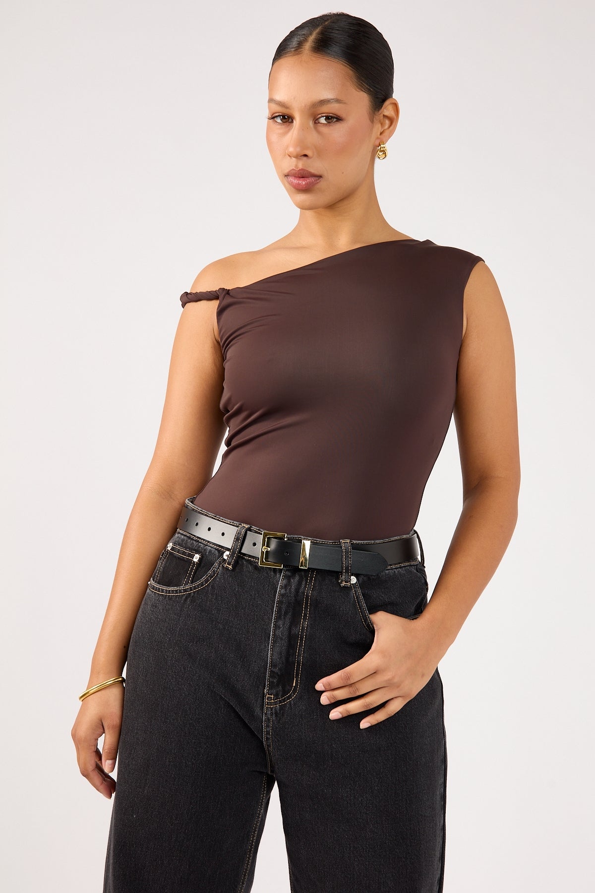 Perfect Stranger Kayla Asym Twist Bodysuit Chocolate