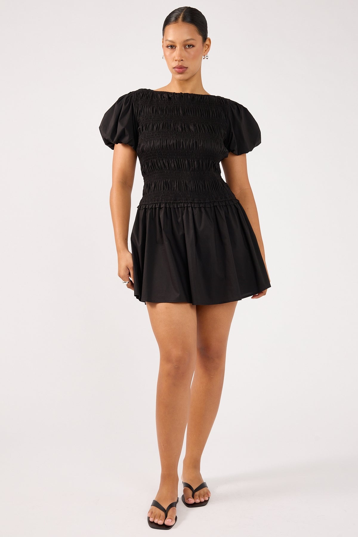 Perfect Stranger Rhea Shirred Short Sleeve Mini Dress Black