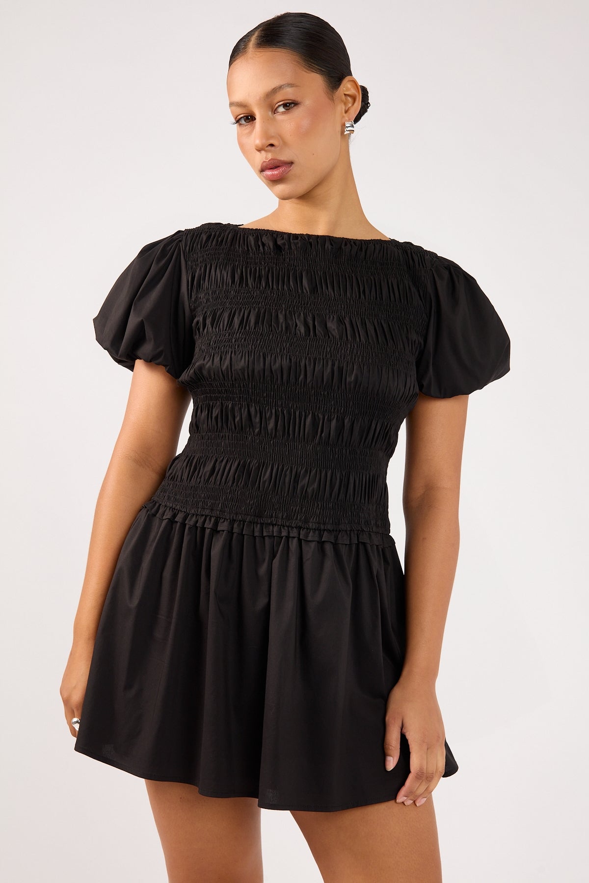 Perfect Stranger Rhea Shirred Short Sleeve Mini Dress Black