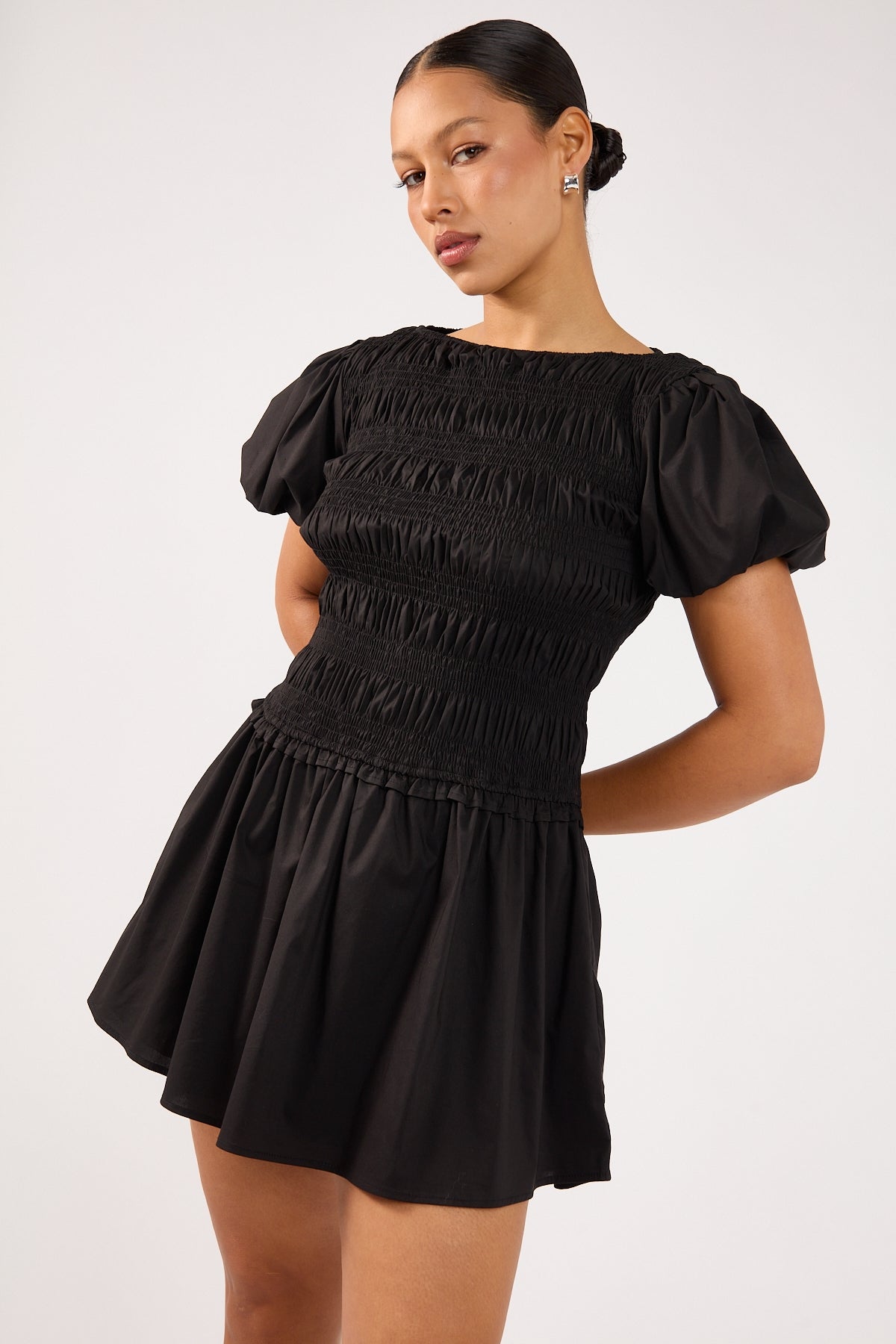 Perfect Stranger Rhea Shirred Short Sleeve Mini Dress Black