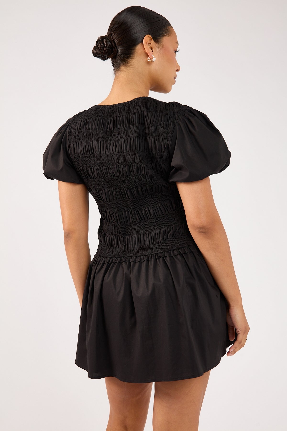 Perfect Stranger Rhea Shirred Short Sleeve Mini Dress Black