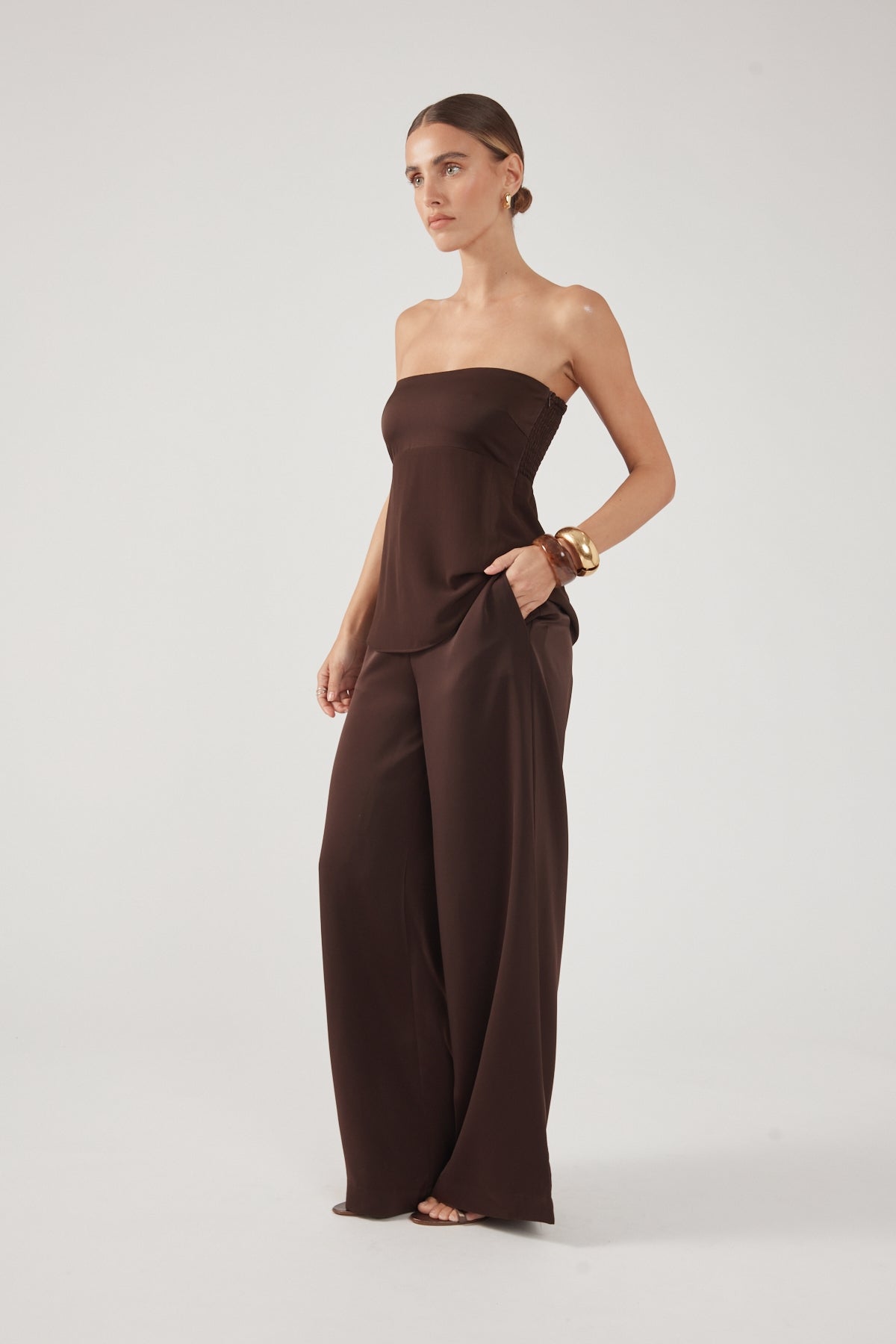 Perfect Stranger Ellie Satin Mid Rise Tailored Pants Brown