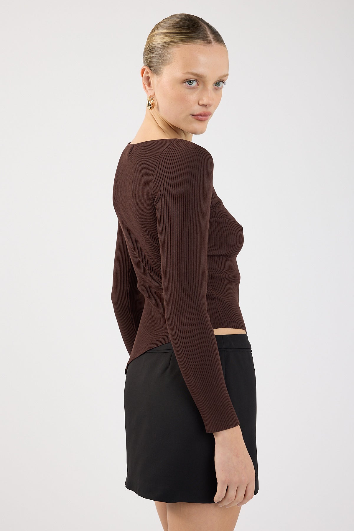 Perfect Stranger Long Sleeve Asymmetrical Rib Knit Top Brown
