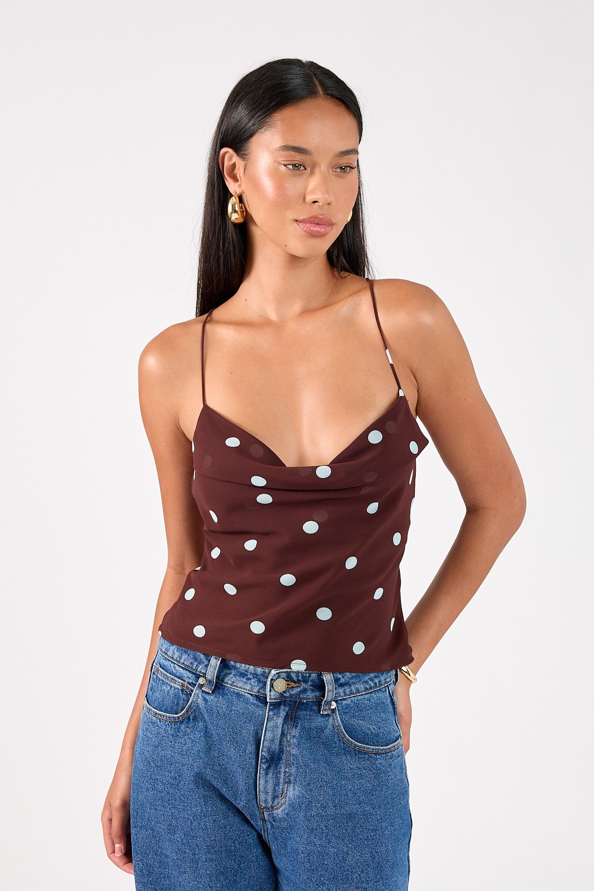 Perfect Stranger Naya Polka Tie Back Top Blue/Brown Polka