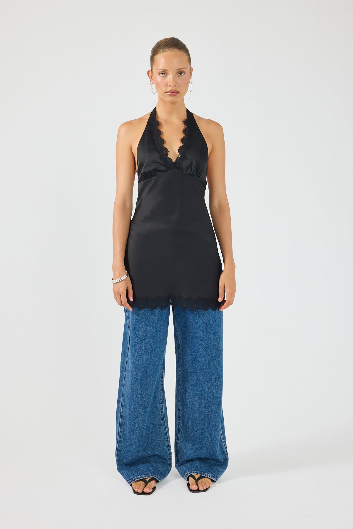 Perfect Stranger Evoke Satin Lace Mini Dress Black