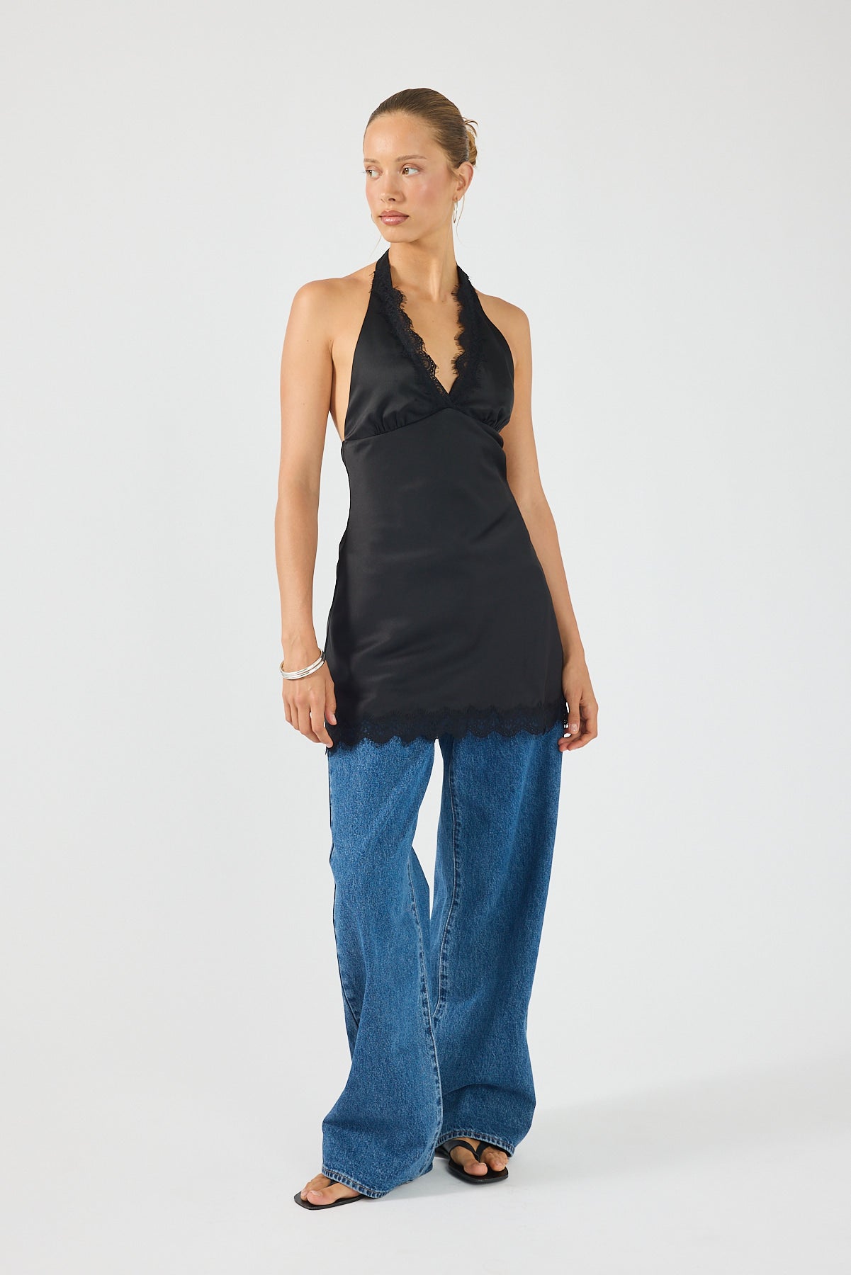 Perfect Stranger Evoke Satin Lace Mini Dress Black