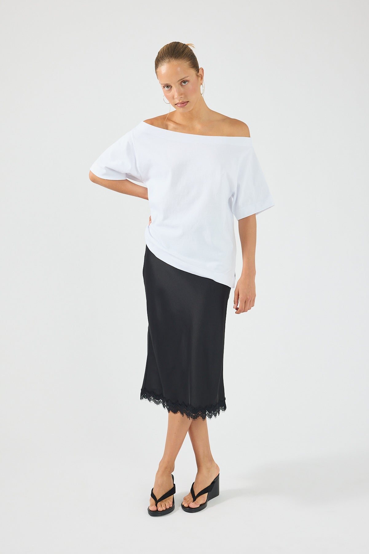 Perfect Stranger Evoke Satin Lace Midi Skirt Black