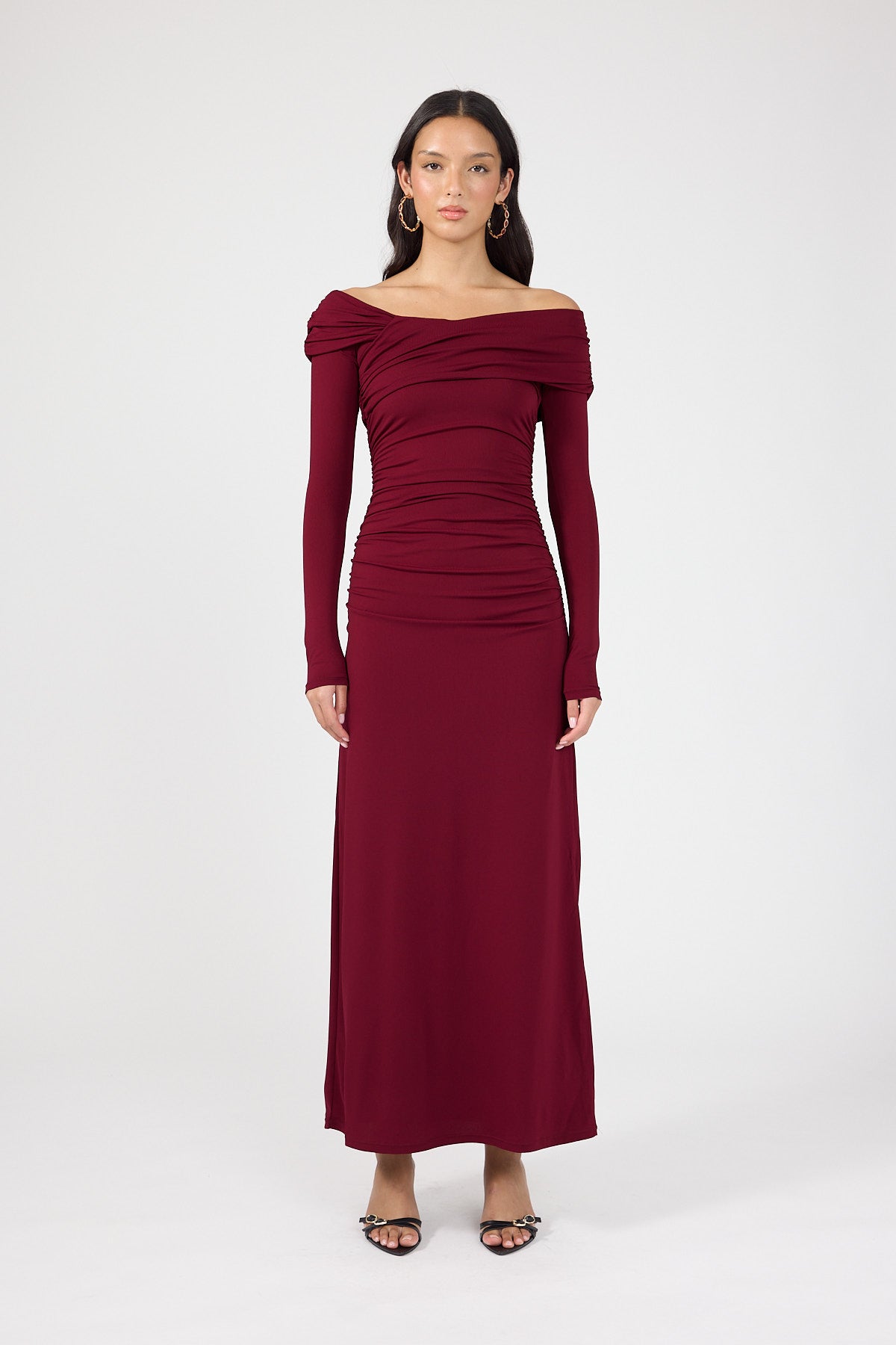 Perfect Stranger Romina Off Shoulder Maxi Dress Burgundy