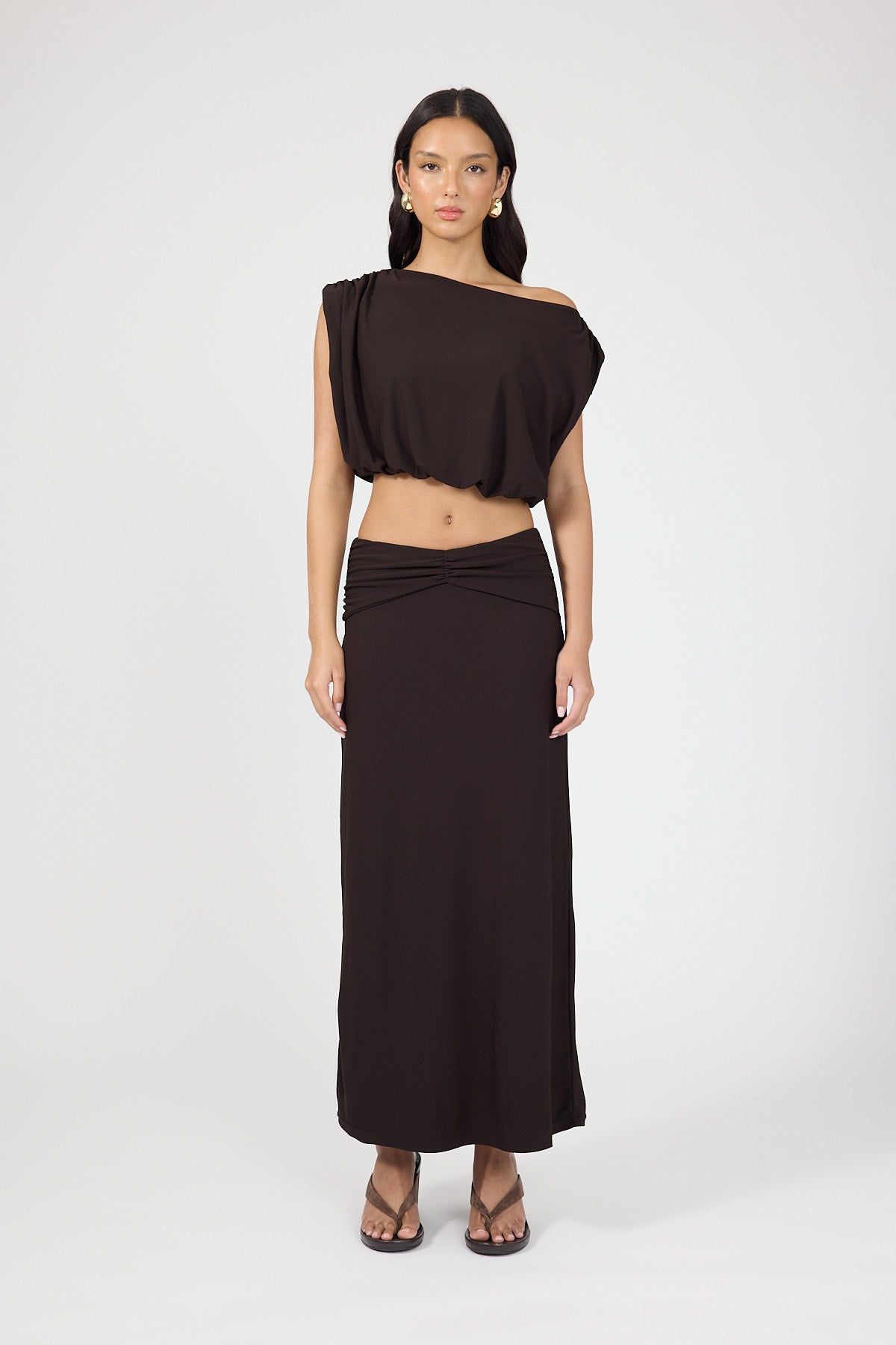 Perfect Stranger Ariana Off Shoulder Pleated Top Brown