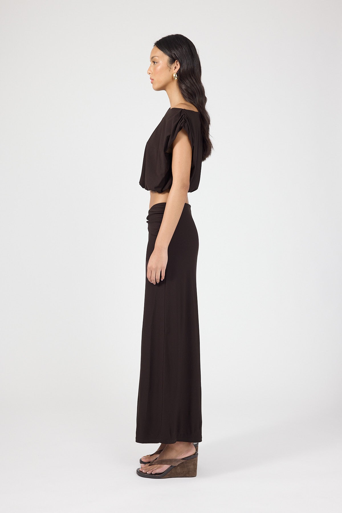 Perfect Stranger Ariana Off Shoulder Pleated Top Brown