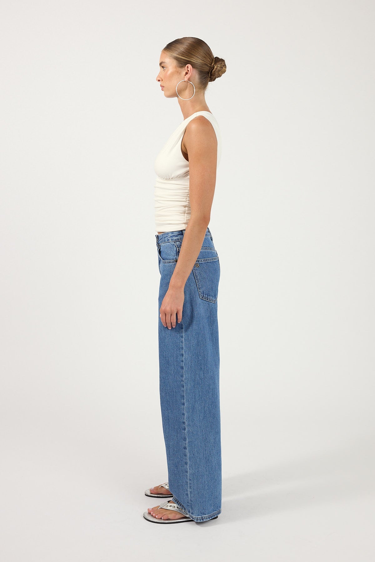 Perfect Stranger Petite Mid Rise Baggy Jean Mid Blue Denim