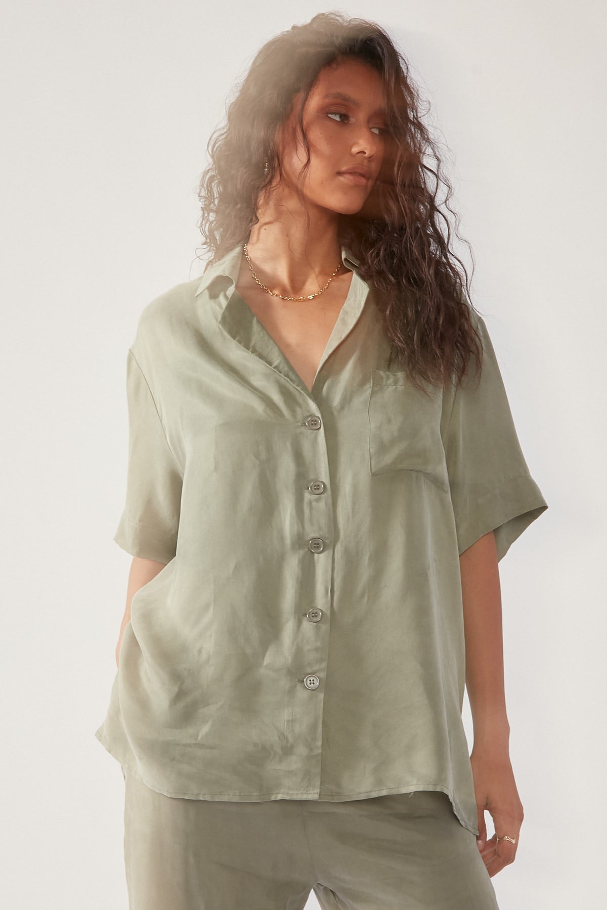 Perfect Stranger Ace Cupro Button Up Shirt Sage
