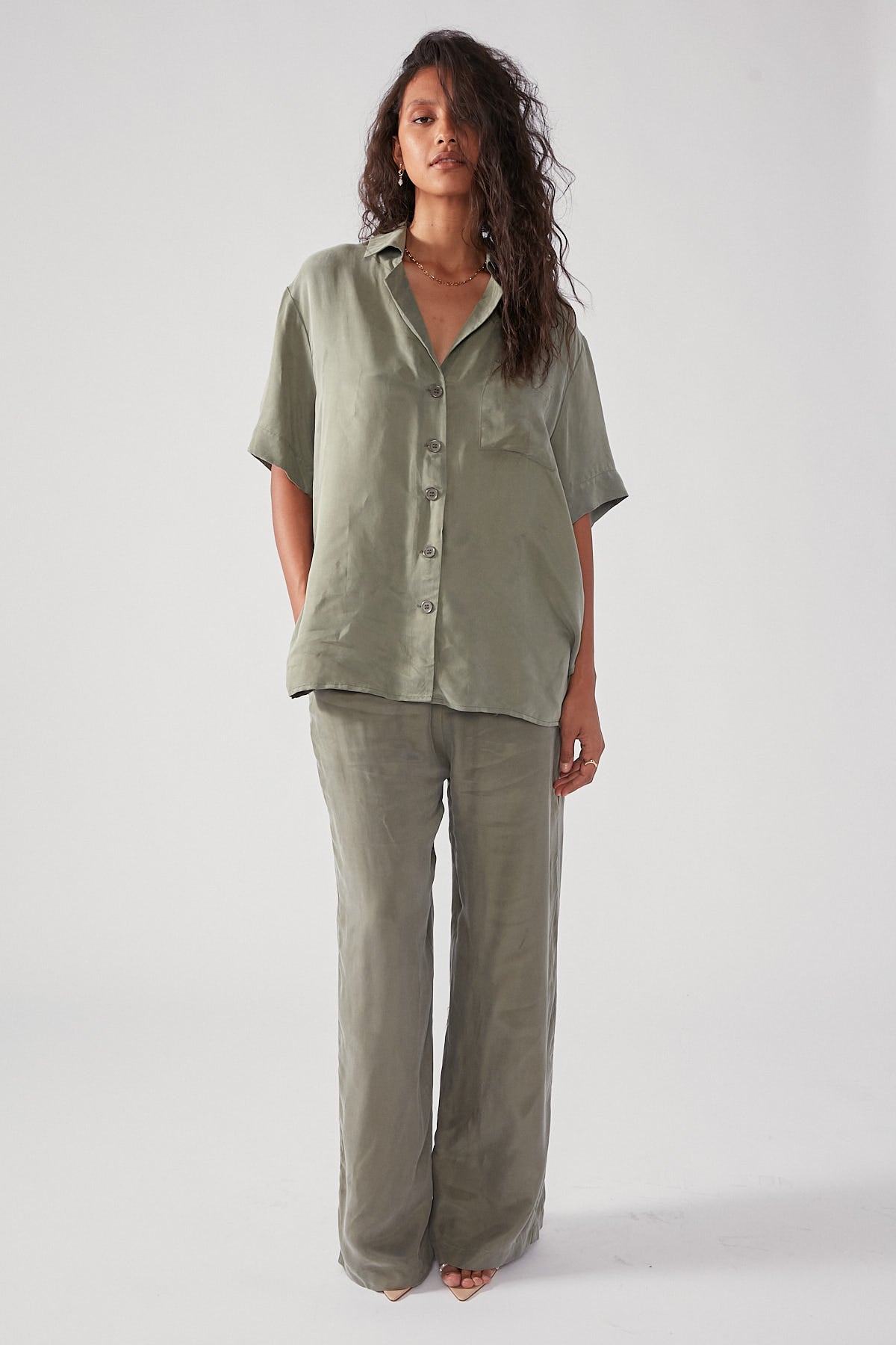 Perfect Stranger Ace Cupro Button Up Shirt Sage