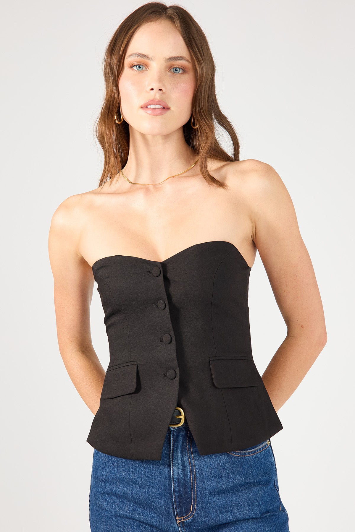 Perfect Stranger Luca Strapless Button Up Top Black