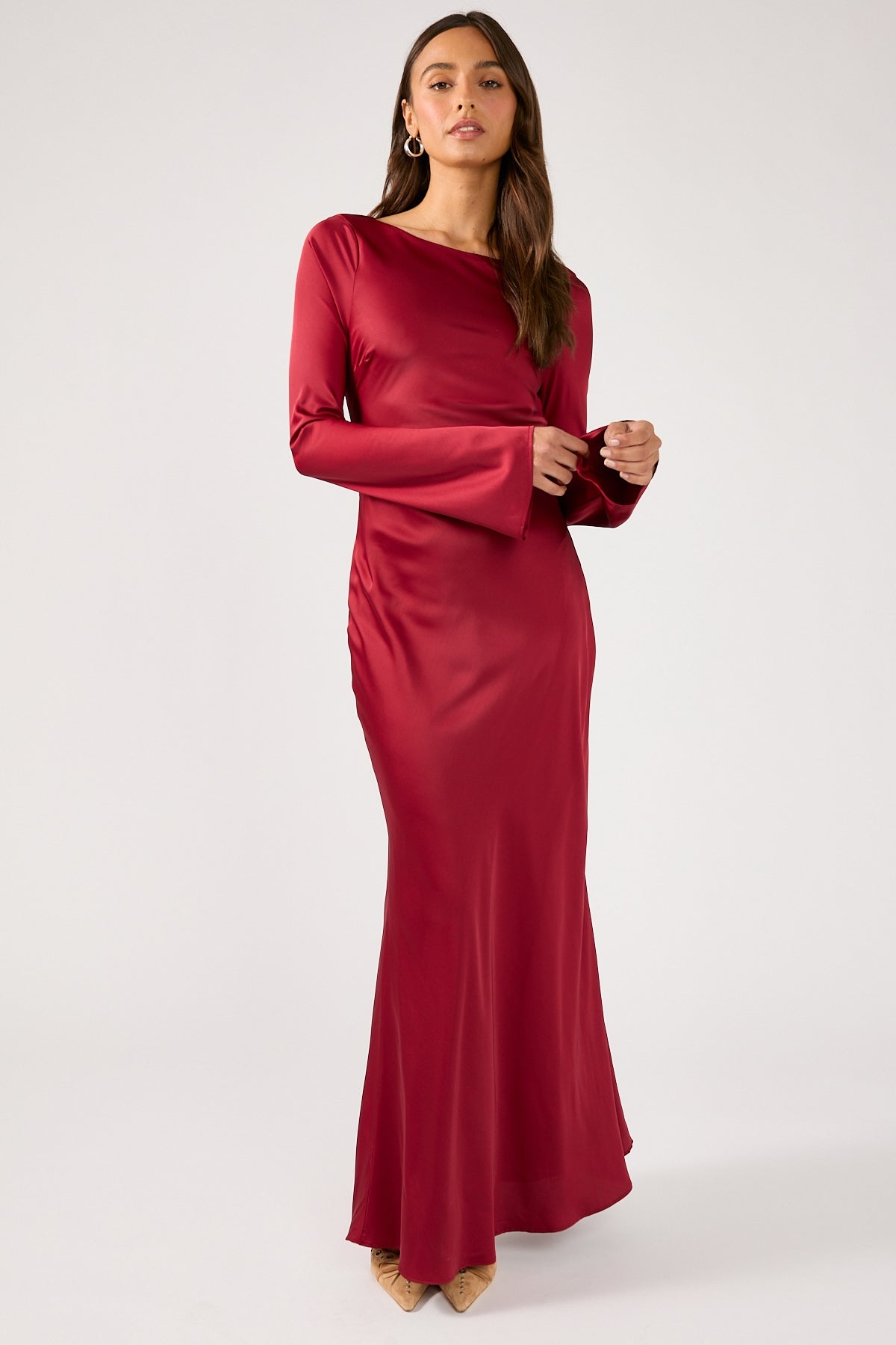 Perfect Stranger Avalon Boat Neck Sleeved Maxi Dress Burgundy