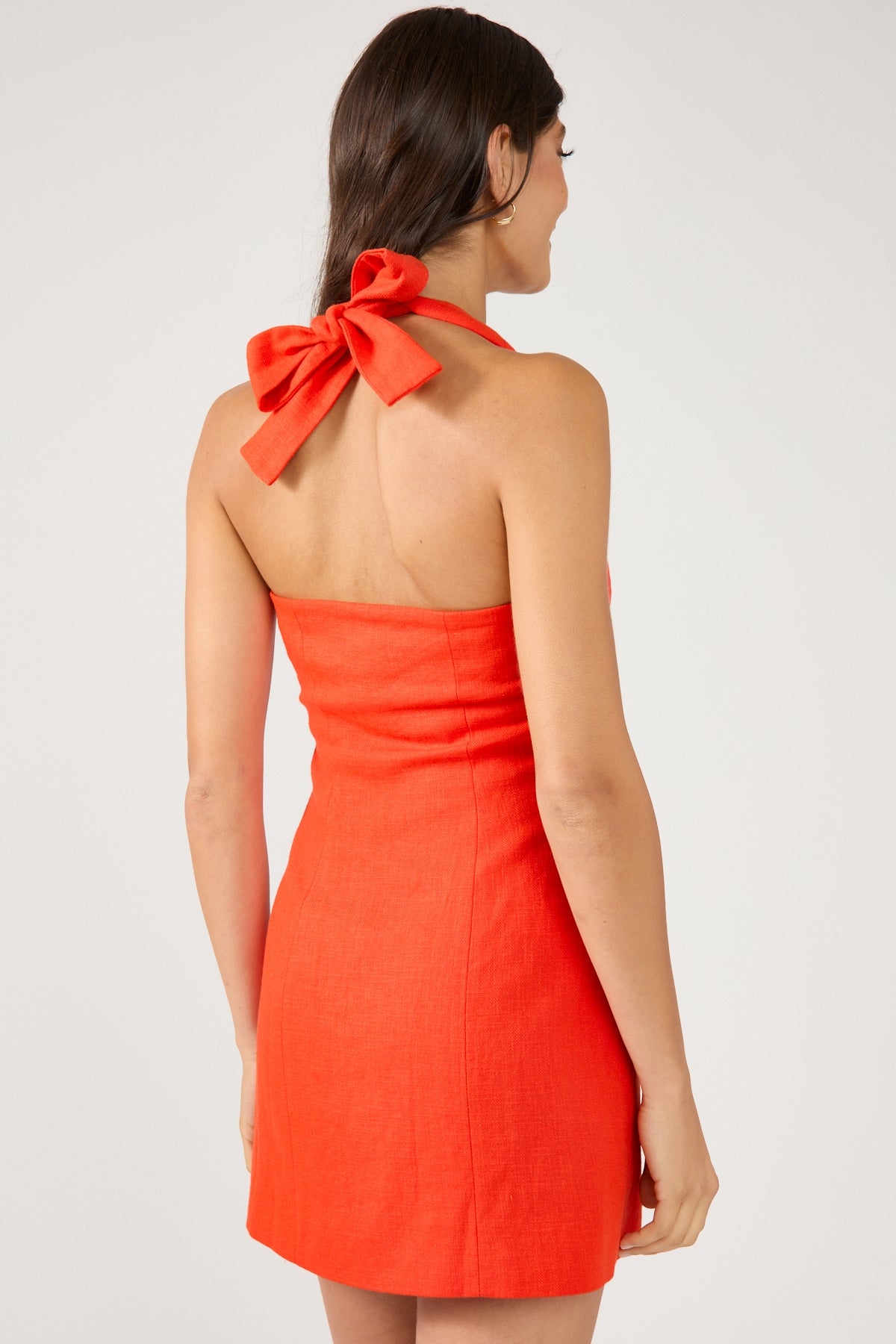 Perfect Stranger Menorca Halter Button Linen Mini Dress Red