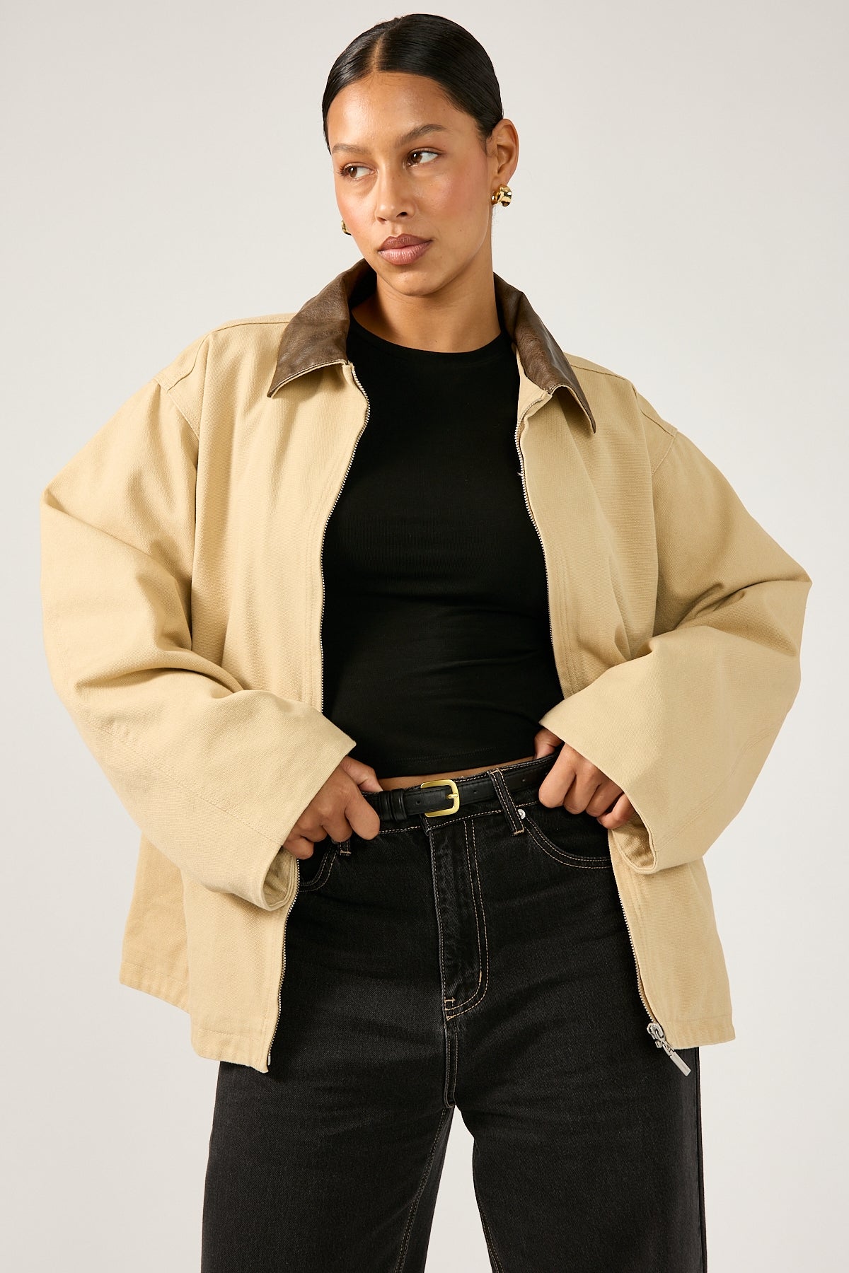 Perfect Stranger Barn Contrast Collar Jacket Stone