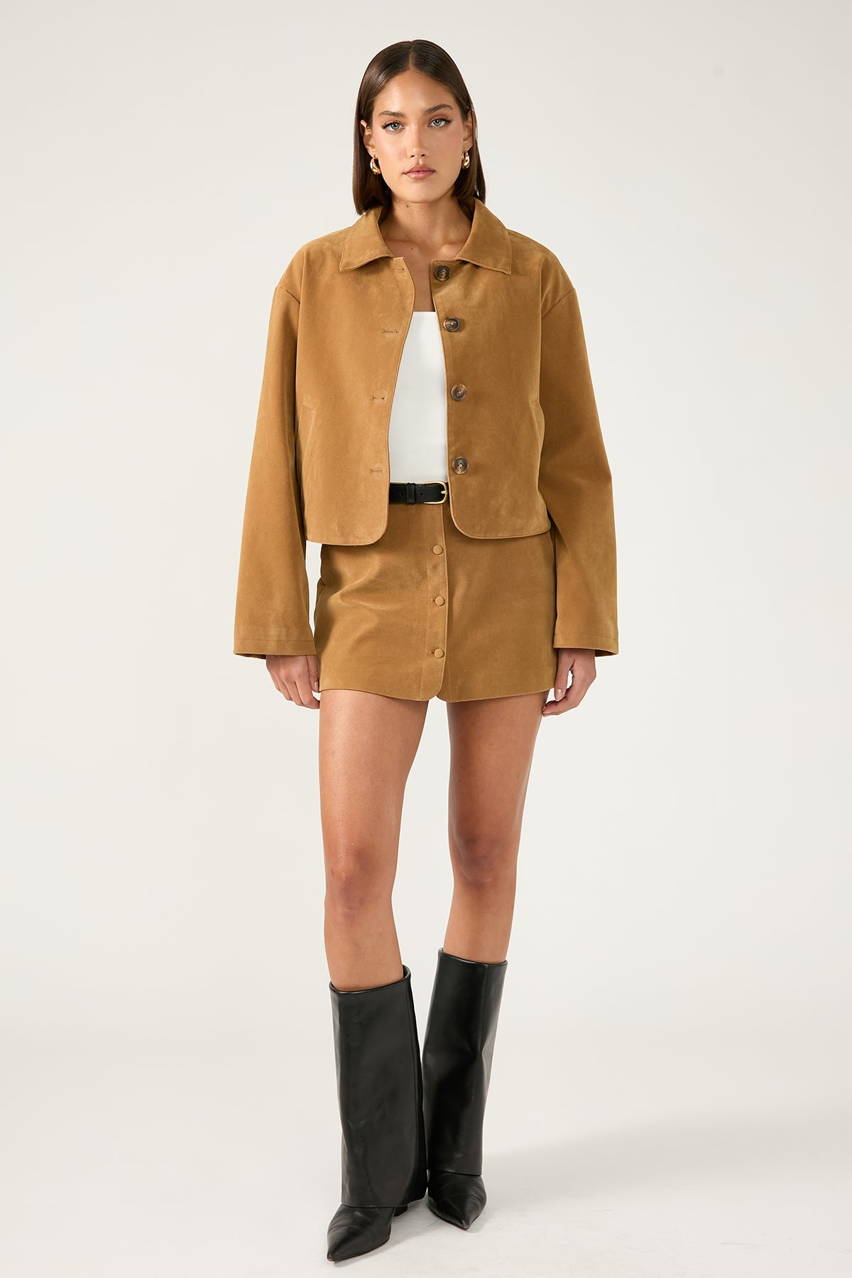 Perfect Stranger Amelie PU Suede Crop Jacket Tan