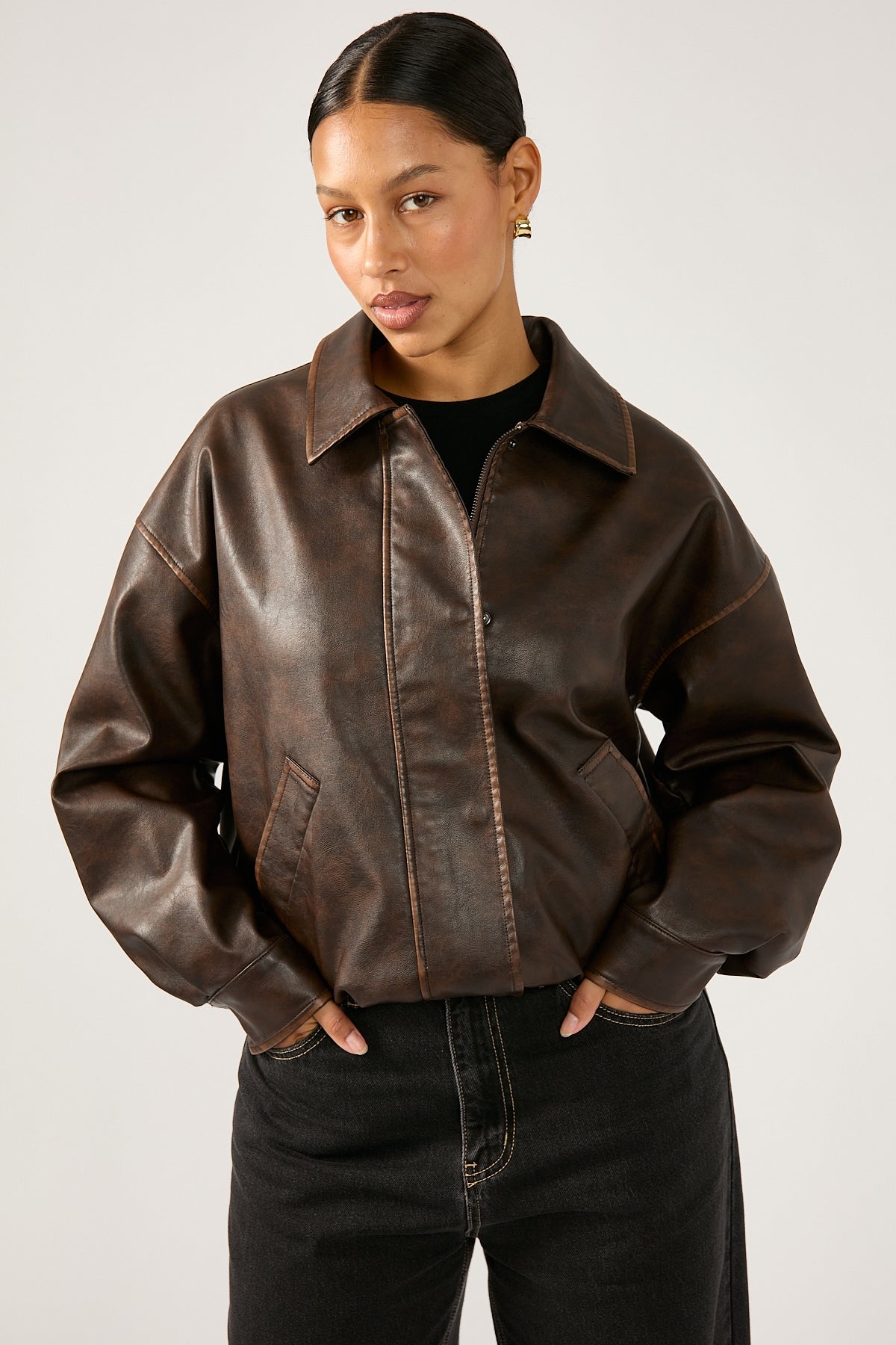 Perfect Stranger Washed Maxx PU Bomber Brown