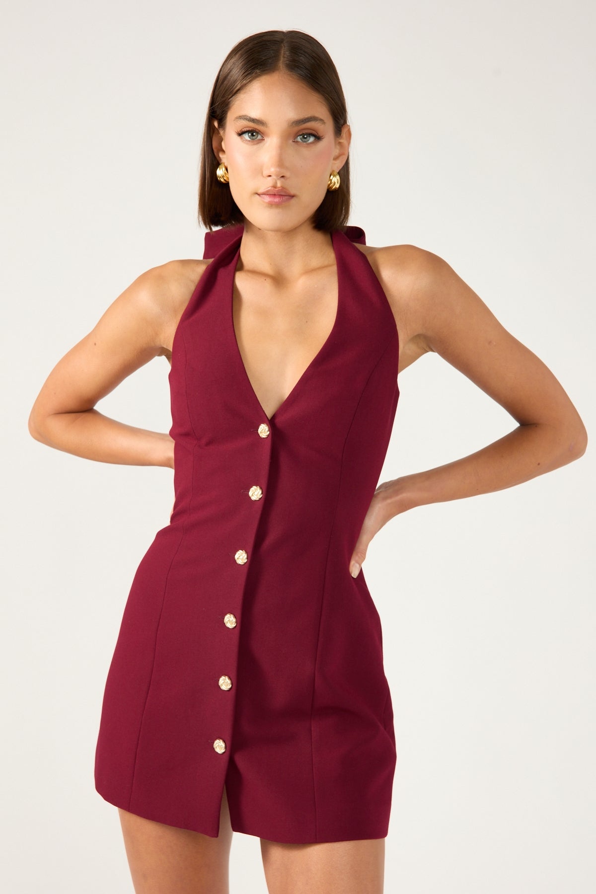 Perfect Stranger Halter Suiting Vest Mini Dress Burgundy