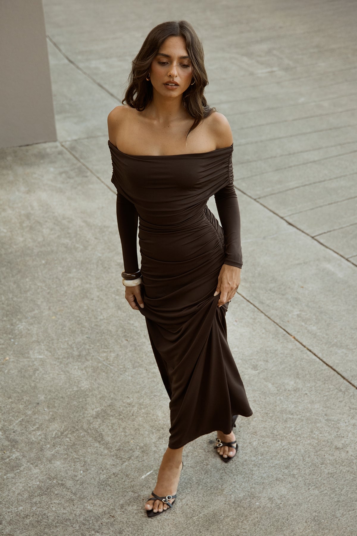 Perfect Stranger Rosetta Off Shoulder Long Sleeve Maxi Dress Ash Brown