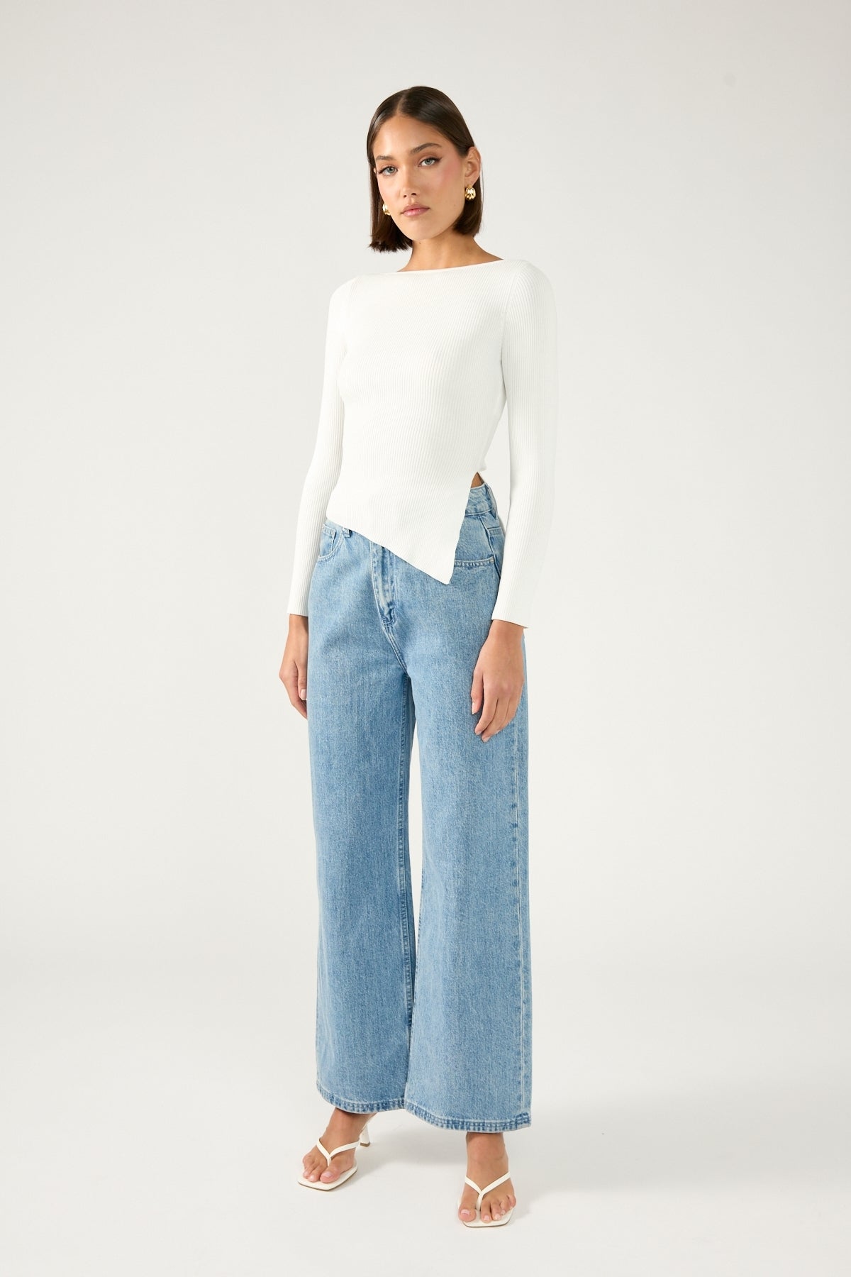 Perfect Stranger Long Sleeve Asym Rib Knit Top White