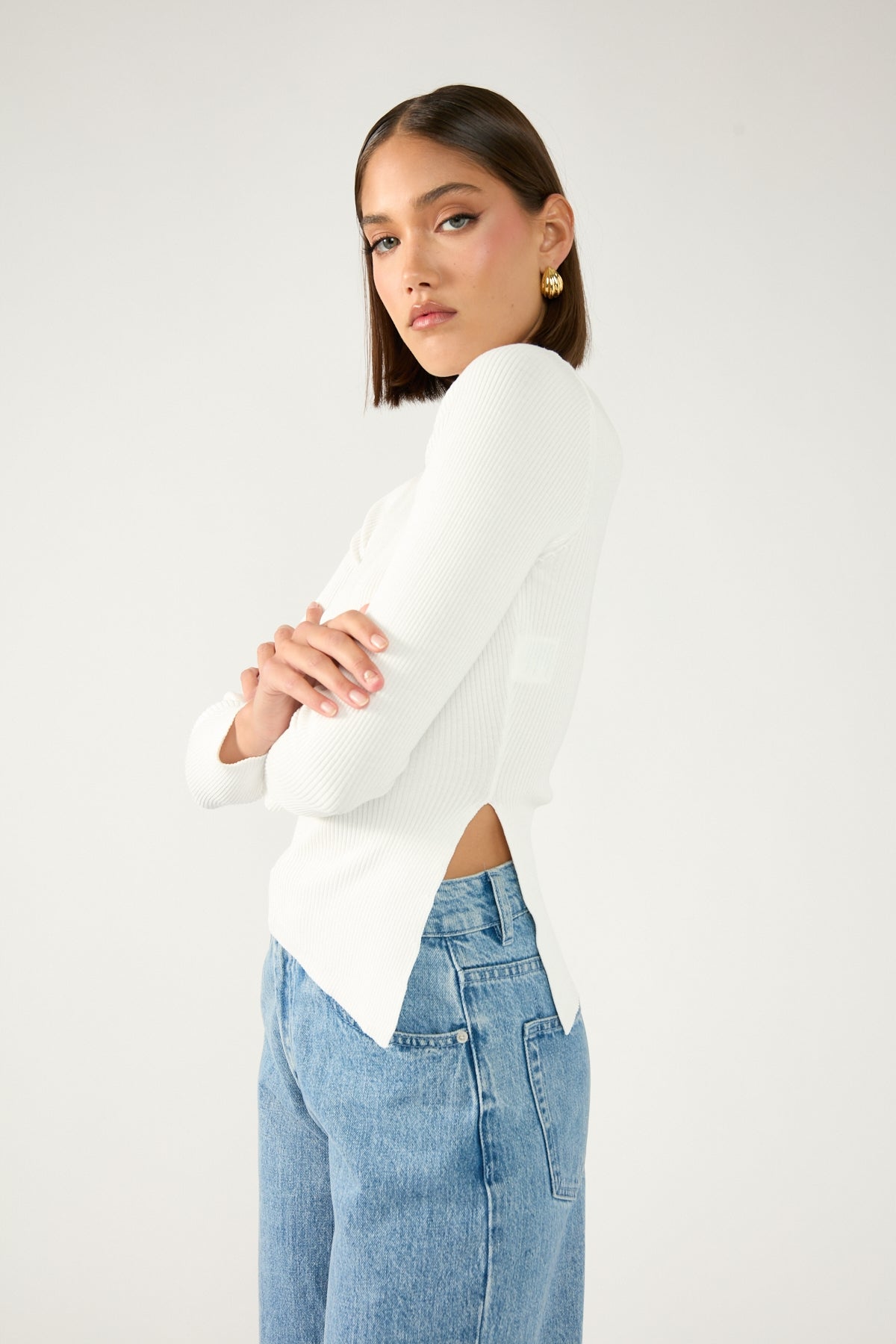 Perfect Stranger Long Sleeve Asym Rib Knit Top White