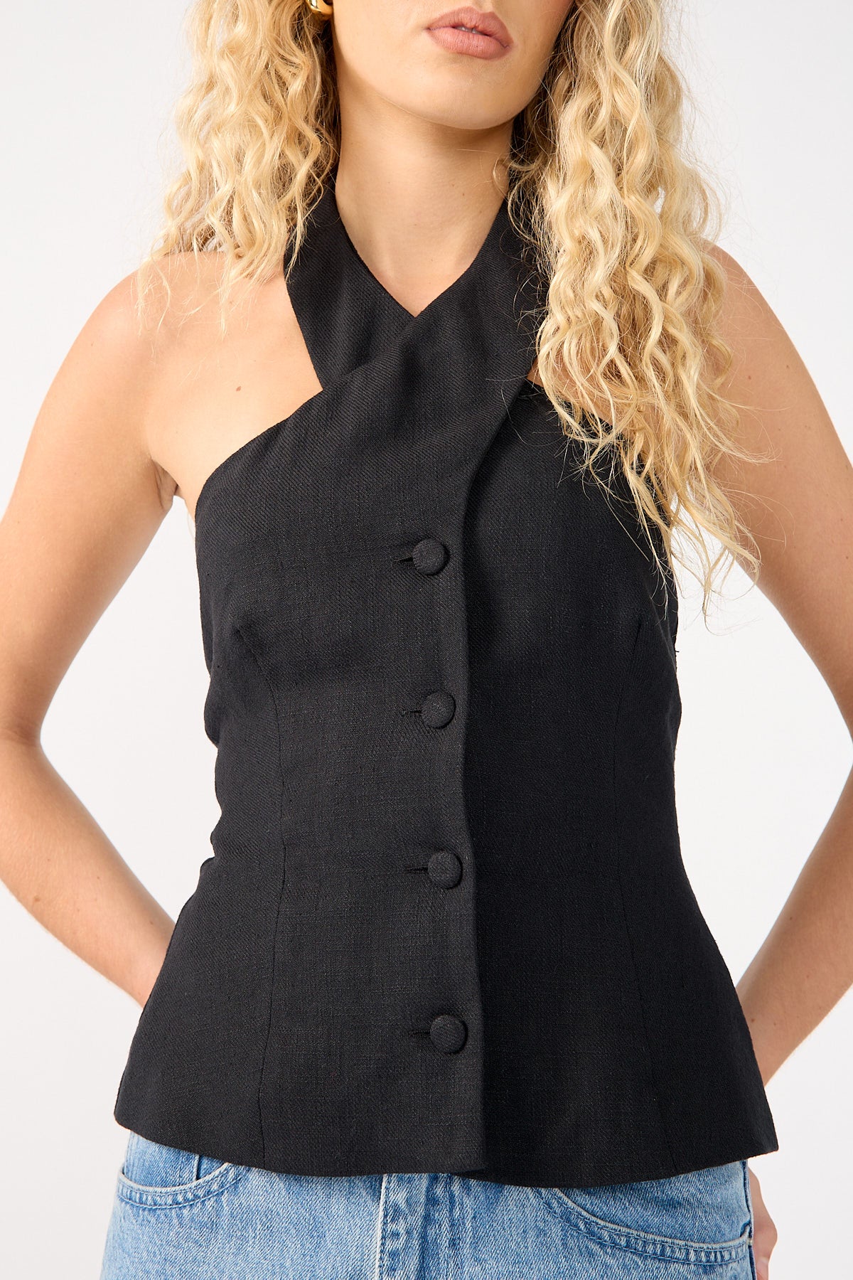 Perfect Stranger Menorca High Neck Button Up Halter Top Black