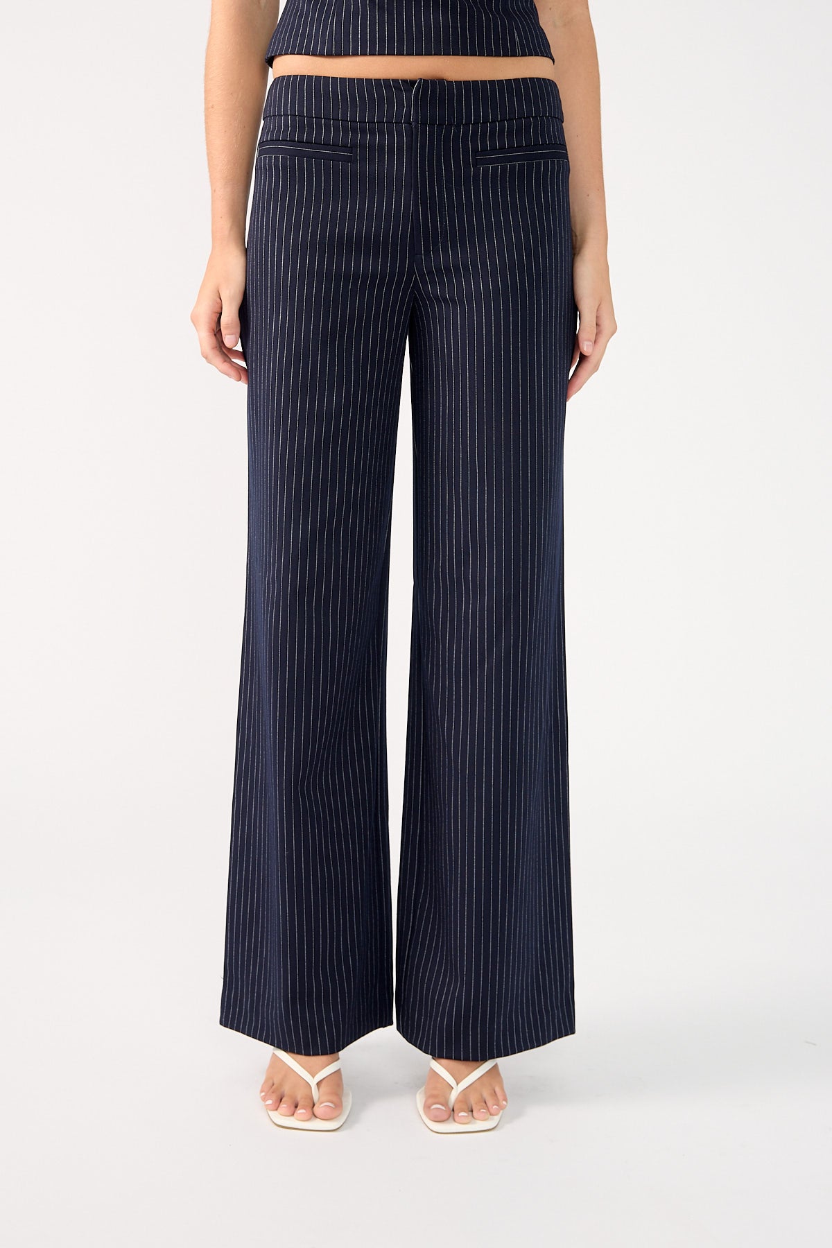 Perfect Stranger Odessa Pinstripe Mid Rise Tailored Pant Navy Pinstripe