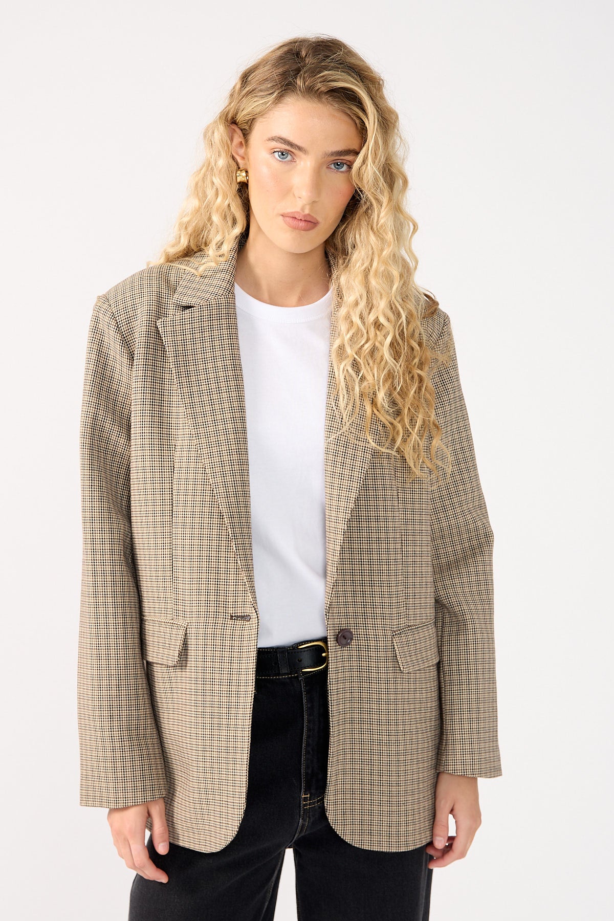 Perfect Stranger Mirella Long Line Blazer Brown Check