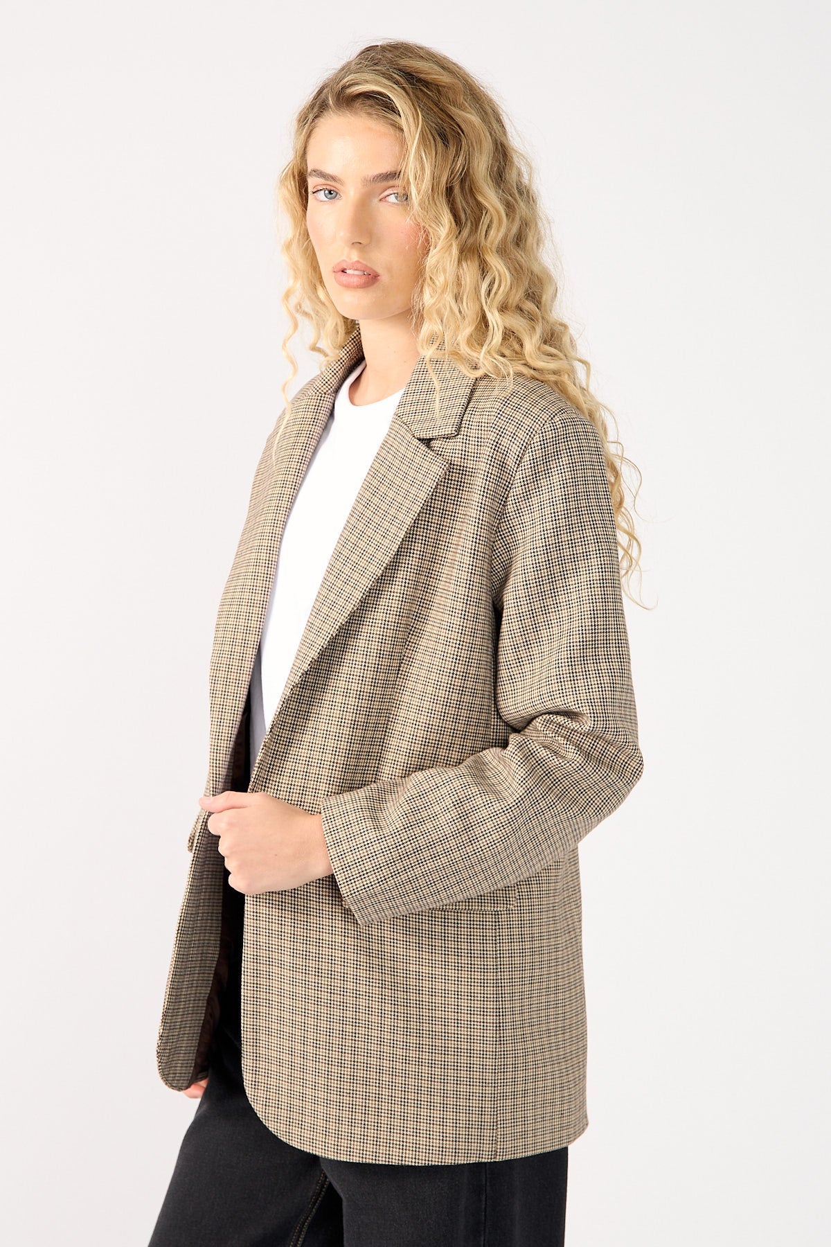 Perfect Stranger Mirella Long Line Blazer Brown Check