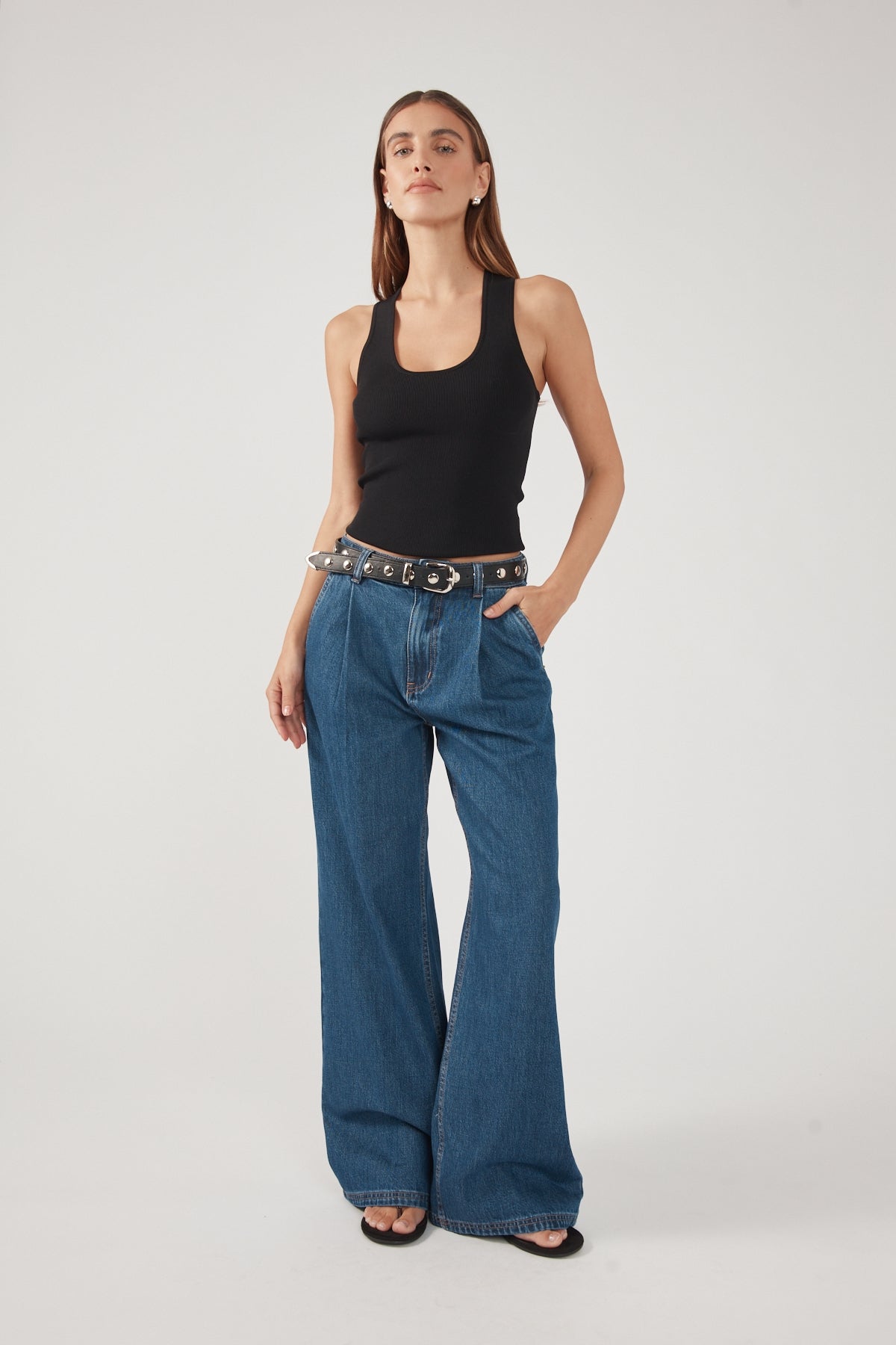 Perfect Stranger High Rise Pleated Jean Deep Blue Denim