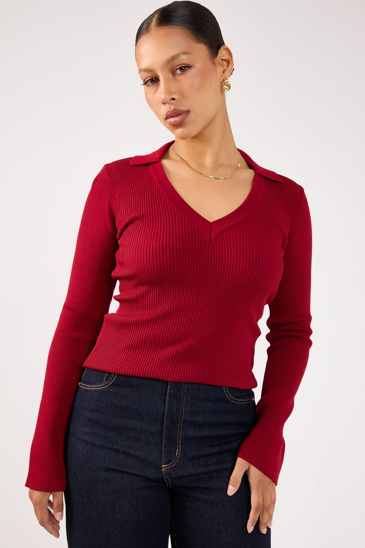 Perfect Stranger Fiorelle Knitted Long Sleeve Polo Burgundy
